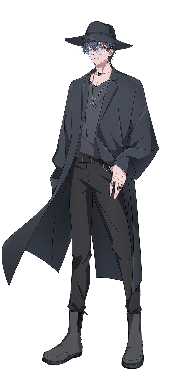 inplick, liu xiao, shiguang dailiren, highres, official art, 1boy, anime coloring, belt, black belt, black coat, black hair, black hat, black pants, black shirt, boots, breasts, closed mouth, coat, collarbone, full body, glasses, grey boots, grey hair, hair between eyes, hand in pocket, hat, jacket, jewelry, large breasts, long sleeves, looking at viewer, male focus, necklace, pants, ring, round eyewear, shirt, short hair, simple background, smile, solo, standing, tachi-e, transparent background