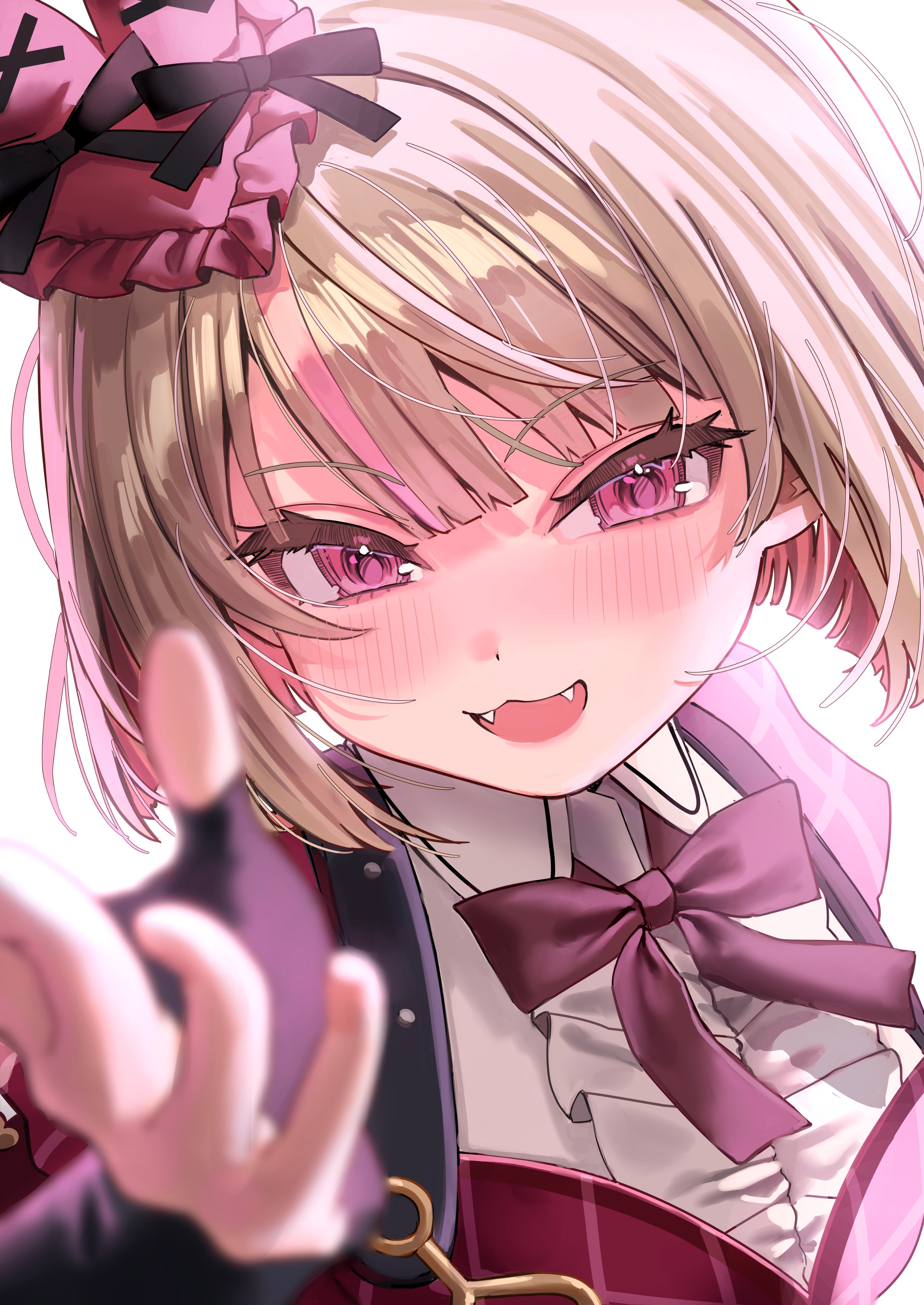 nagori suyo, makaino ririmu, nijisanji, absurdres, highres, 1girl, :3, backlighting, black bow, black gloves, bloom, blunt bangs, blurry, blush, bob cut, bow, bowtie, center frills, collar, colored inner hair, depth of field, dress, elbow gloves, fangs, fingerless gloves, frills, gloves, grey hair, hat, hat bow, idol clothes, layered dress, looking at viewer, medium hair, mini hat, multicolored hair, official alternate costume, official alternate hairstyle, open mouth, pink hair, plaid clothes, plaid dress, pointy ears, portrait, rabbit ear headwear, reaching, reaching towards viewer, red bow, red bowtie, red dress, red eyes, shoulder strap, solo, streaked hair, virtual youtuber, white background, white collar