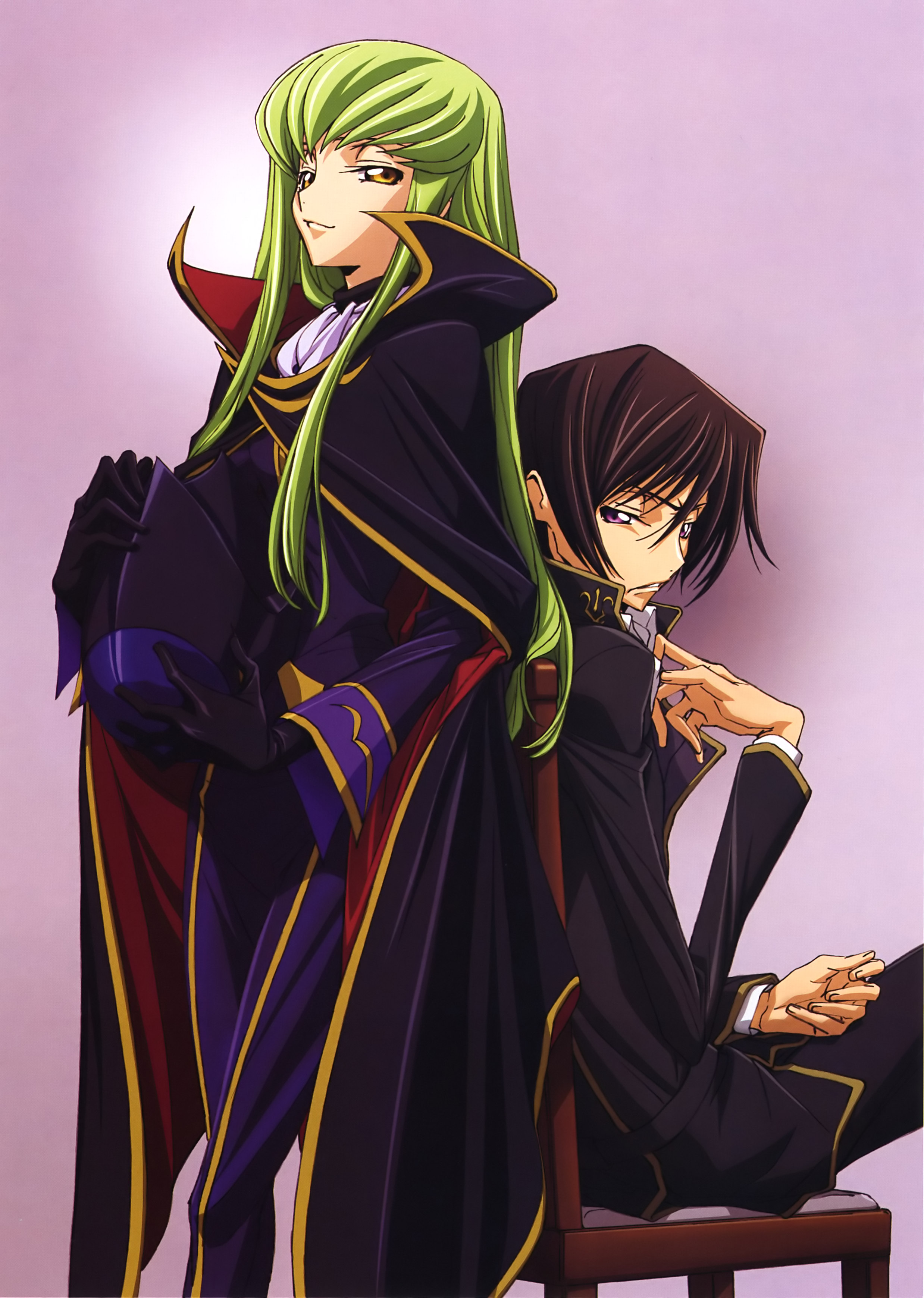 chiba yuriko, c.c., lelouch vi britannia, zero (code geass), code geass, absurdres, highres, scan, 1boy, 1girl, black hair, brown hair, cape, cosplay, frown, green hair, helmet, long hair, purple eyes, school uniform, serafuku, sitting, smirk, yellow eyes, zero (code geass) (cosplay)