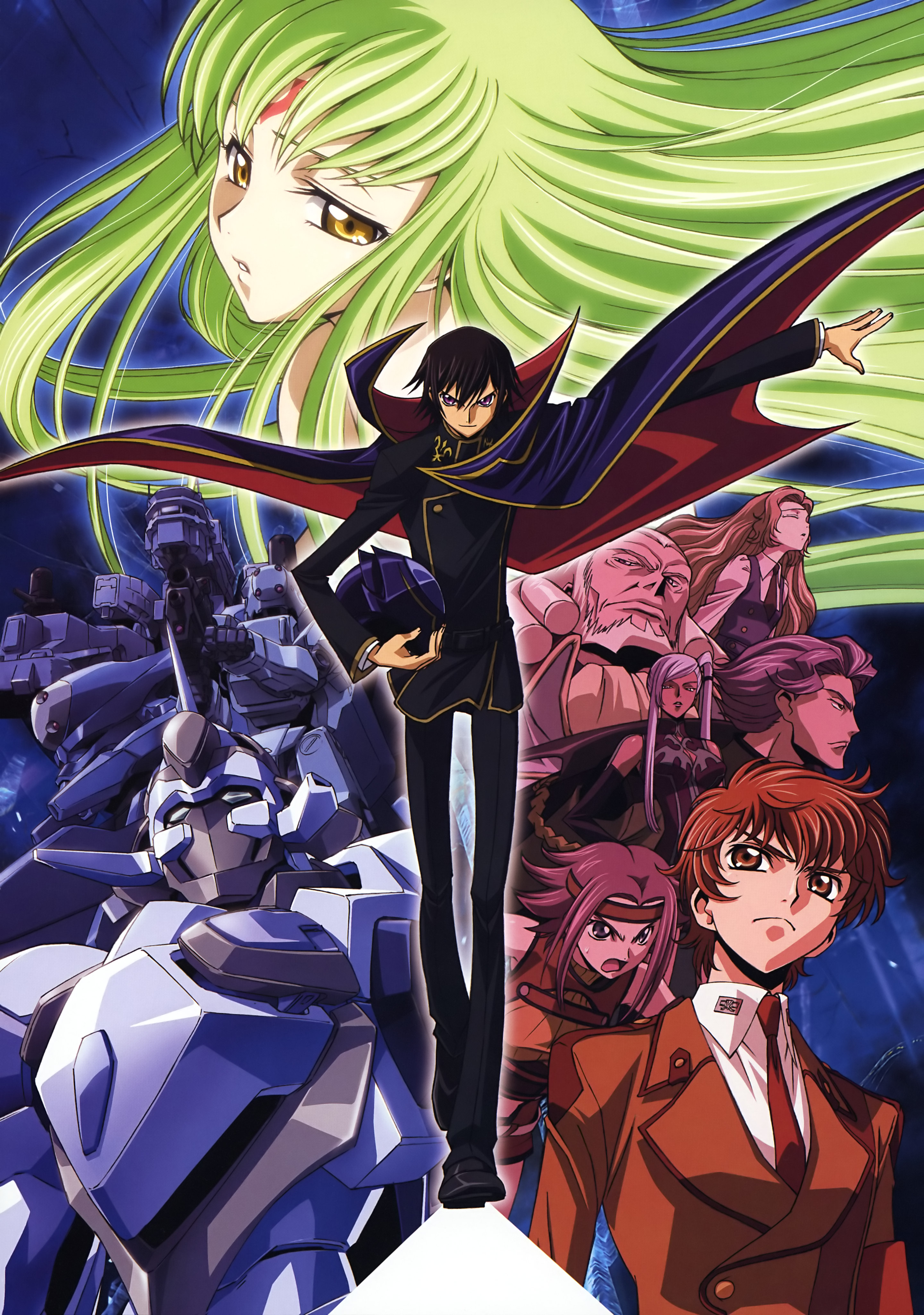 kimura takahiro, c.c., charles zi britannia, jeremiah gottwald, kouzuki kallen, kururugi suzaku, lancelot (code geass), lancelot z-01, lelouch vi britannia, nunnally vi britannia, villetta nu, code geass, absurdres, highres, official art, 00s, 4boys, 4girls, mecha, multiple boys, multiple girls, robot
