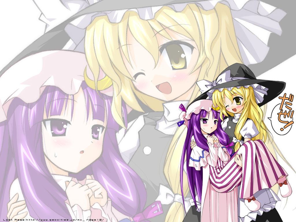 mizuno kurage, kirisame marisa, patchouli knowledge, touhou, 2girls, blonde hair, carrying, dress, female focus, hat, multiple girls, princess carry, purple hair, witch, witch hat