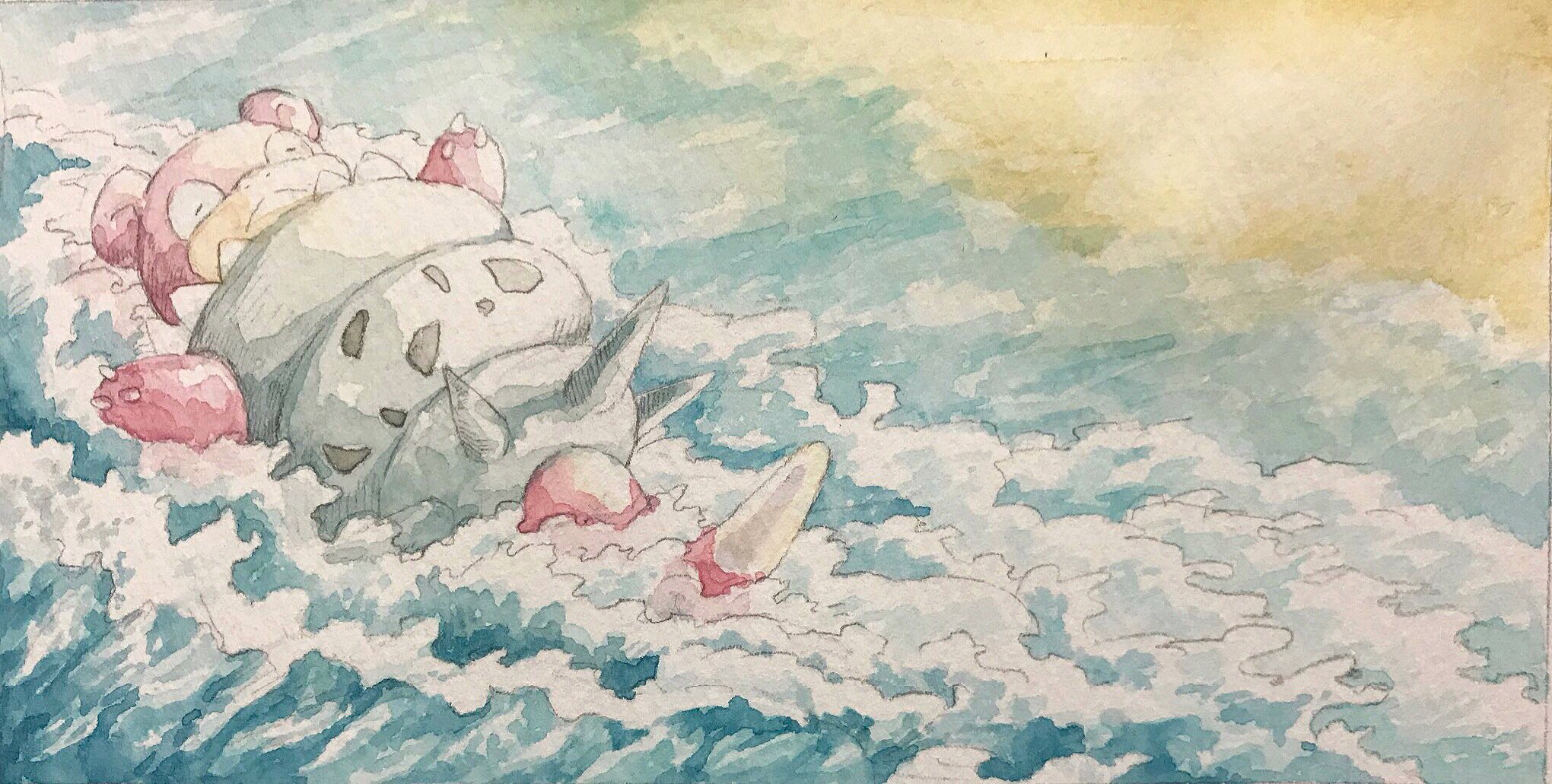 mint nappa, mega slowbro, slowbro, nintendo, pokemon, commentary request, highres, painting (medium), traditional media, watercolor (medium), animal focus, closed eyes, full body, gen 1 pokemon, lying, mega pokemon, no humans, on back, outdoors, pokemon (creature), solo, waves