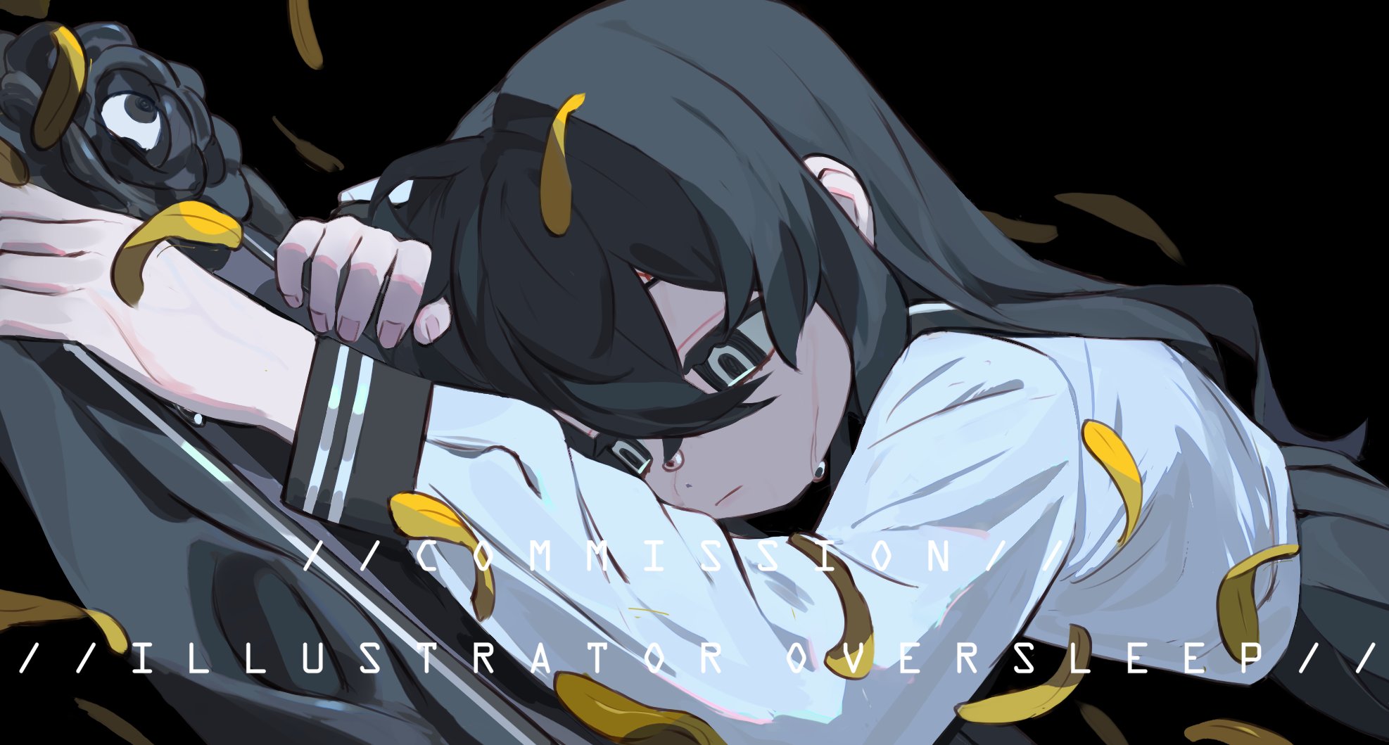 oversleep, original, highres, 1girl, black background, black eyes, black hair, english text, feathers, hair between eyes, long hair, long sleeves, lying, on stomach, pleated skirt, sailor collar, school uniform, serafuku, shirt, simple background, skirt, solo, tears, yellow feathers