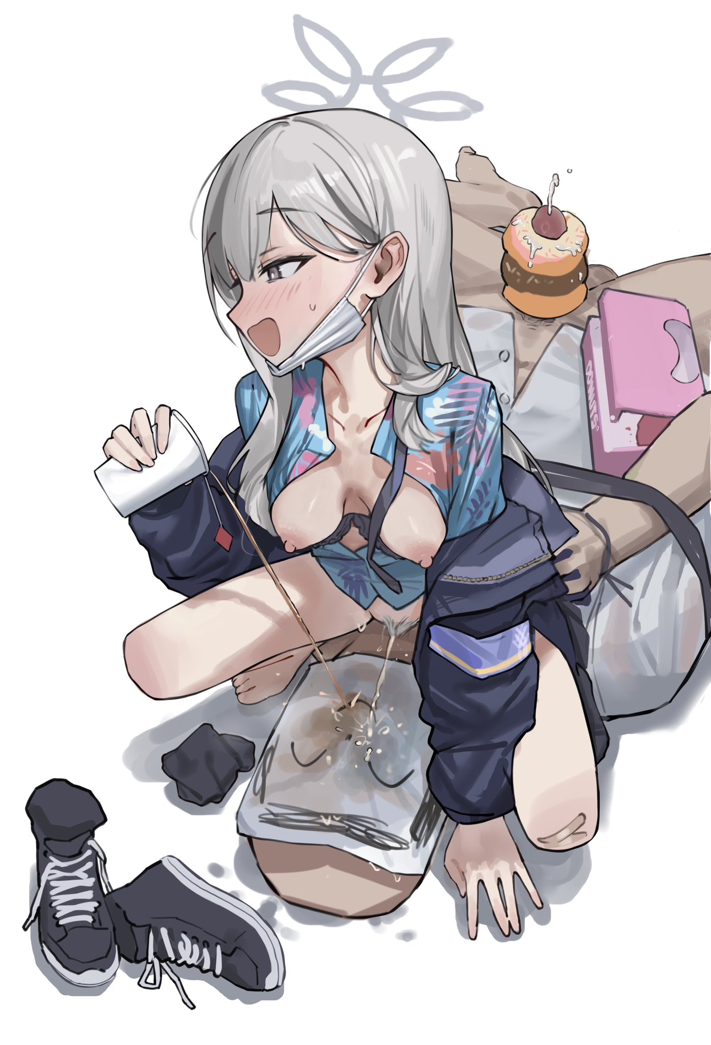 sawkm, doodle sensei (blue archive), konoka (blue archive), sensei (blue archive), blue archive, highres, 1boy, 1girl, armband, black necktie, blue shirt, bottomless, breasts, breasts out, cup, donut, erection, floral print shirt, food, girl on top, golden shower, grey eyes, grey hair, grey halo, grey jacket, halo, hawaiian shirt, holding, holding cup, jacket, long hair, looking to the side, lying, mask, mask pull, mouth mask, necktie, nipples, no panties, on back, open clothes, open jacket, pee, peeing, pouring onto another, purple armband, shirt, shoes, surgical mask, unworn shoes, white background, white mask