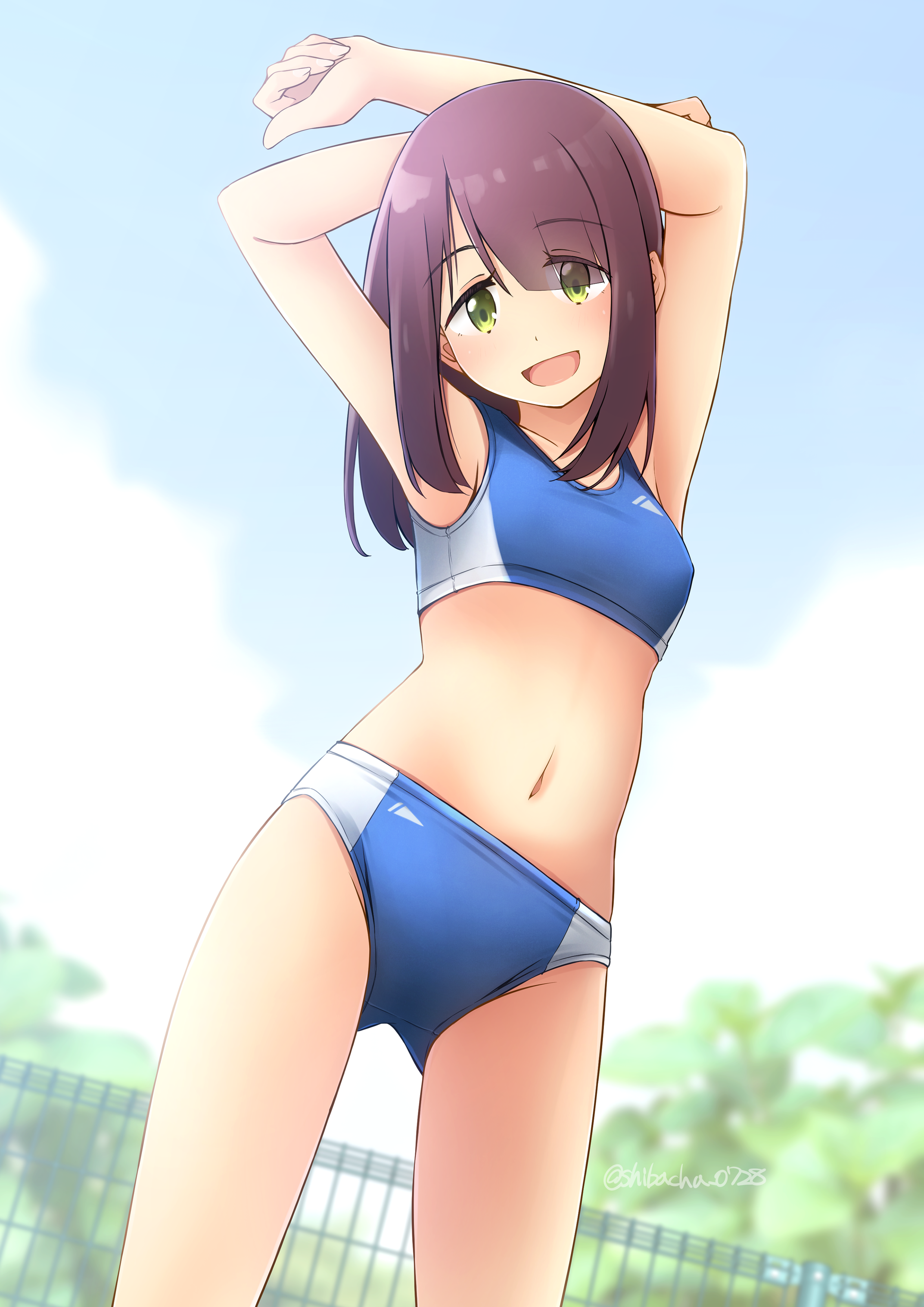 shibacha, toki ayano, yurucamp, absurdres, commission, highres, pixiv commission, 1girl, arms up, green eyes, navel, outdoors, smile, solo