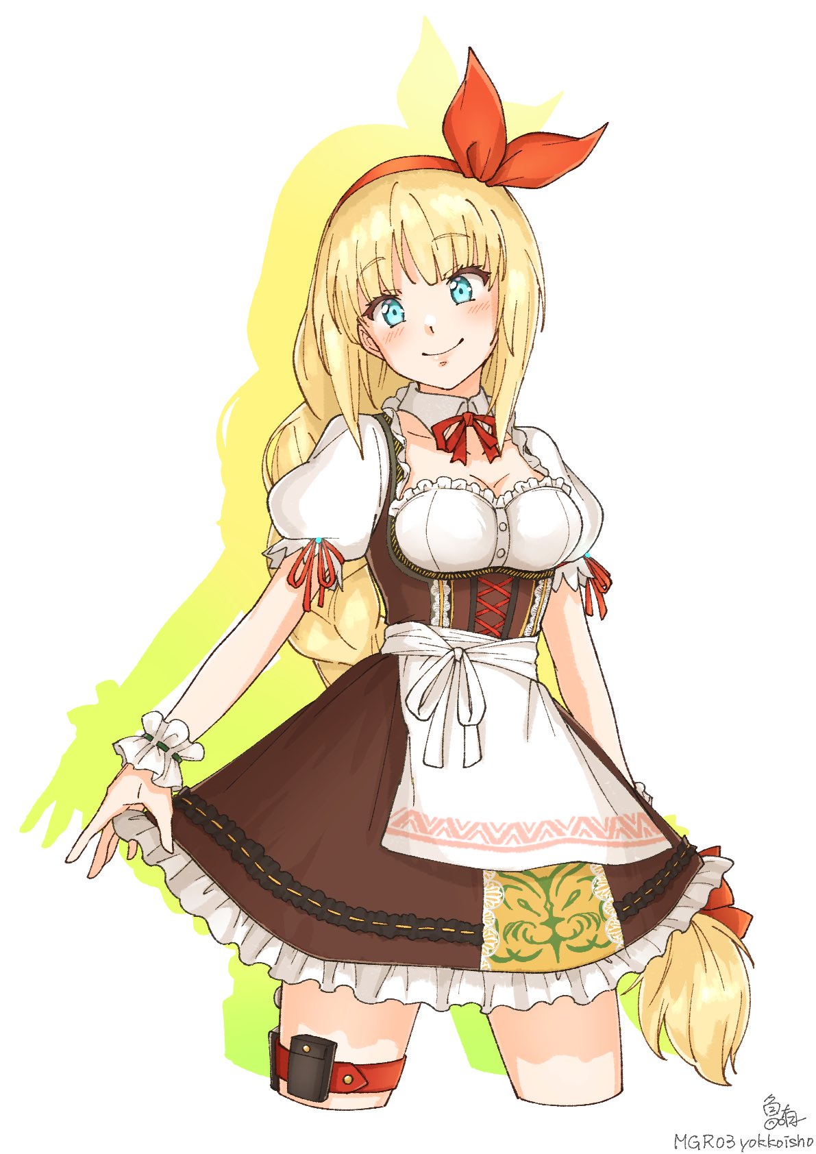 kanzaki adelheid, heaven burns red, highres, 1girl, aqua eyes, barmaid, blonde hair, braid, breasts, cleavage, collarbone, dirndl, german clothes, hair bun, hair ornament, long hair, mgr03, puffy short sleeves, puffy sleeves, short sleeves, single braid, solo, very long hair, white background