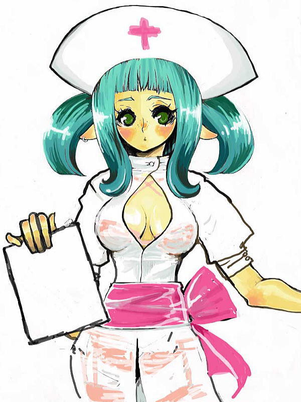 1girl, breasts, cleavage, ear piercing, female focus, medium breasts, nurse, piercing, pointy ears, see-through clothes, solo