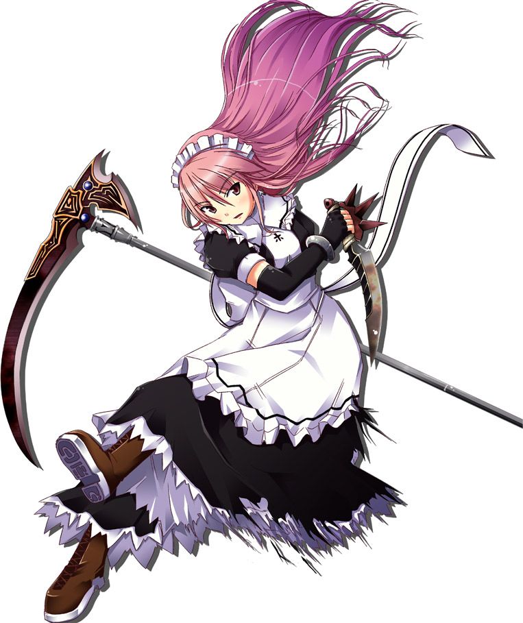boots, knife, long hair, maid, pink hair, red eyes, scythe, simple background, solo