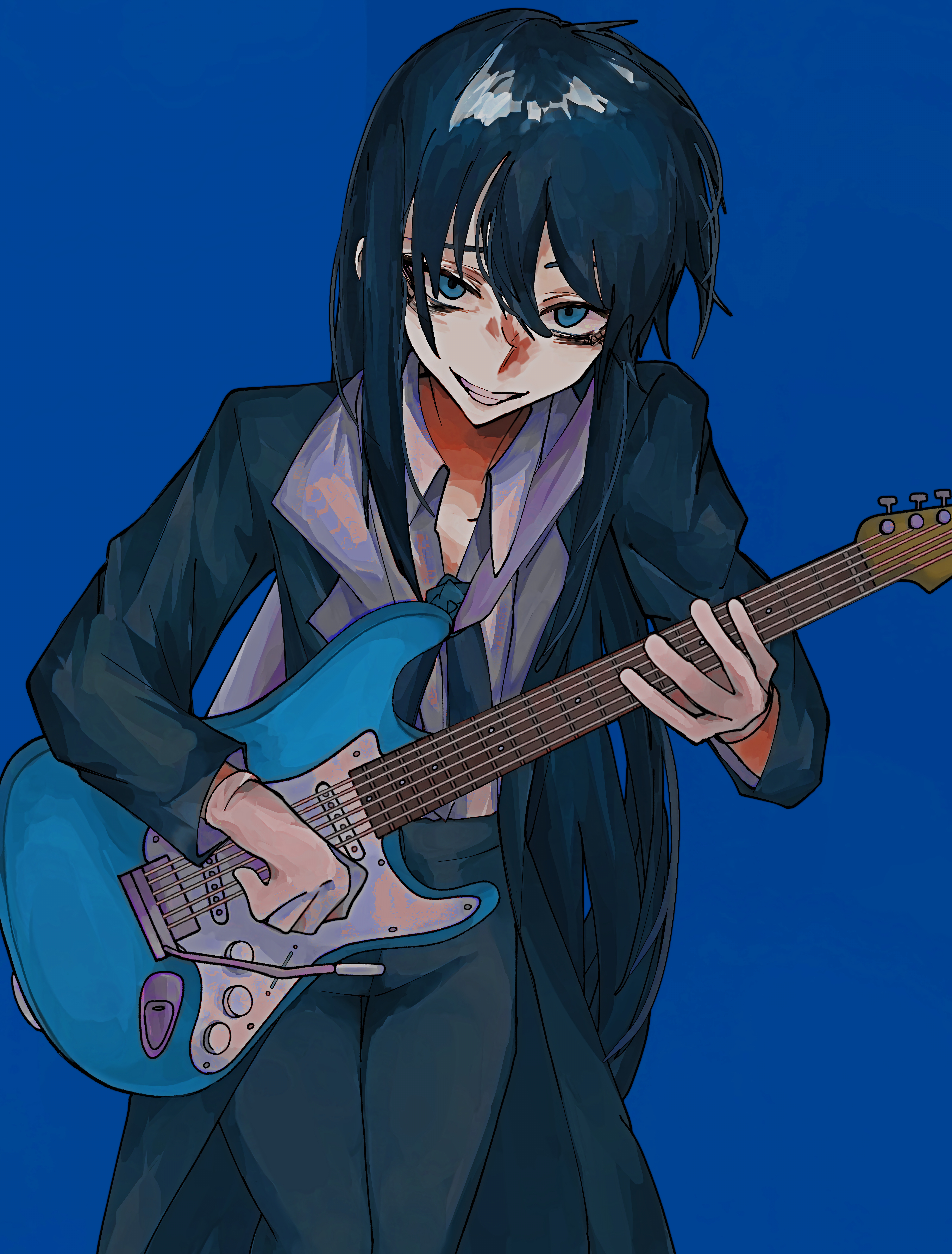 chando (ado), ado (utaite), absurdres, commentary, english commentary, highres, 1girl, 7z32z, blue background, blue coat, blue eyes, blue hair, blue pants, coat, collared shirt, electric guitar, gloves, guitar, hair between eyes, holding, holding guitar, holding instrument, instrument, long hair, looking at viewer, open mouth, pants, shirt, simple background, solo, white gloves, white shirt