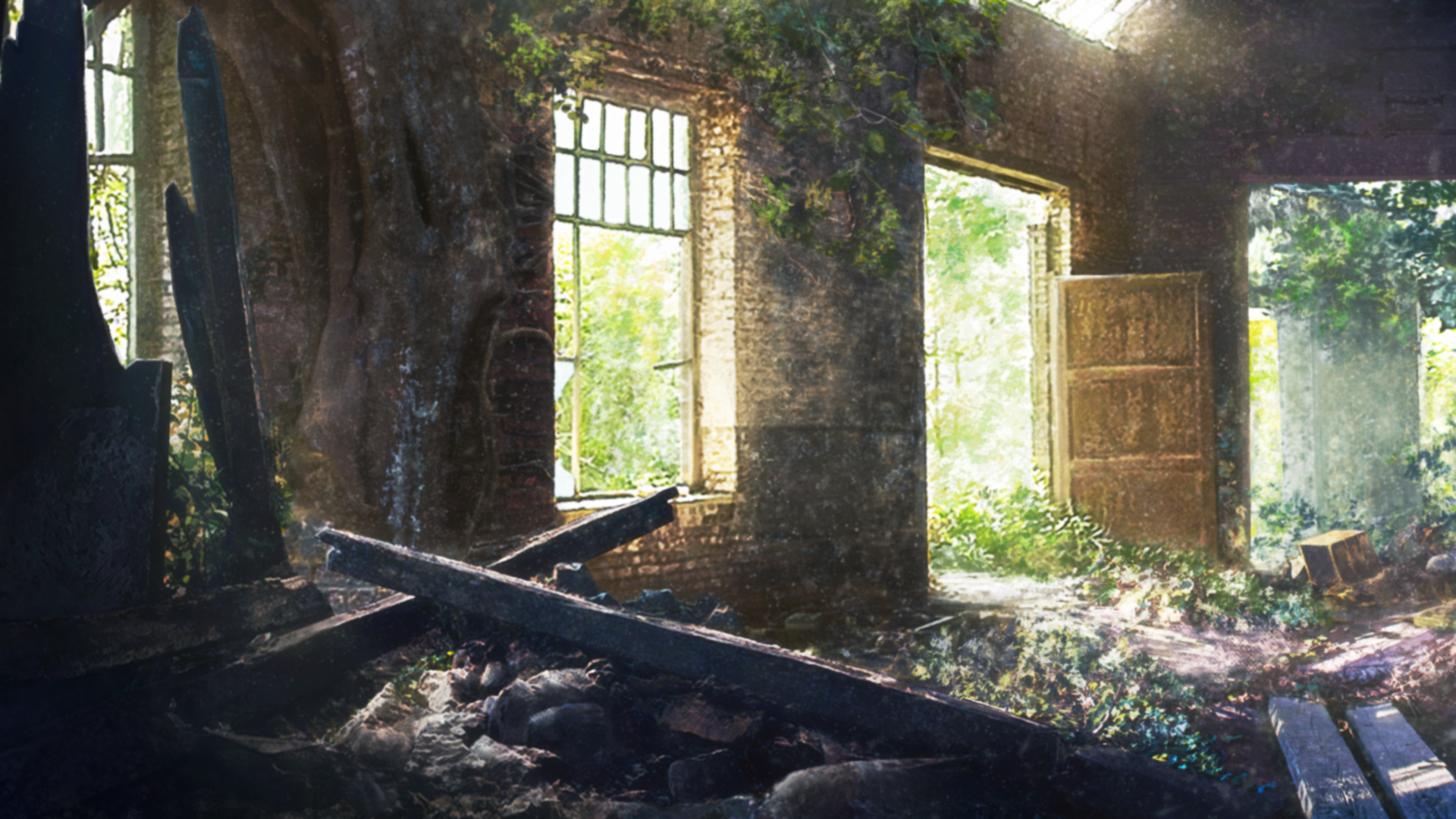 zaq (pgvc4472), original, commentary, highres, day, doorway, indoors, no humans, overgrown, ruins, scenery, window