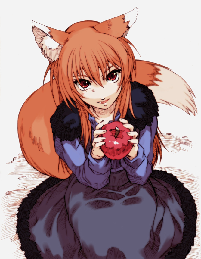 hisahiko, holo, spice and wolf, 00s, 1girl, animal ears, apple, brown hair, dress, fang, female focus, food, fruit, long hair, red eyes, solo, tail, wolf ears, wolf tail