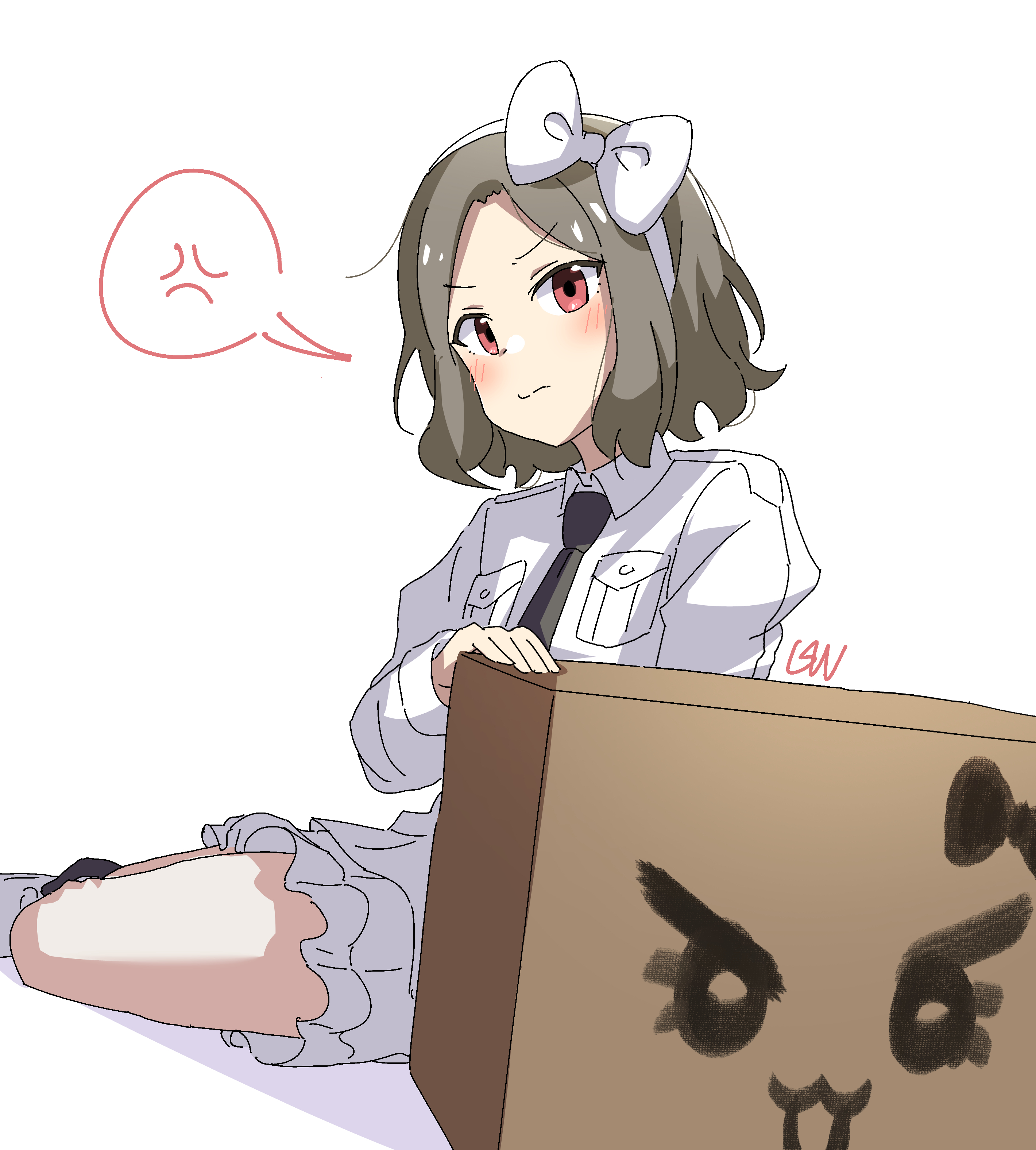 ltv1119, ebizuka tomo, girls band cry, absurdres, commentary, highres, 1girl, anger vein, bow, box, cardboard box, dress, grey hair, hair bow, long sleeves, red eyes, short hair, simple background, sitting, solo, spoken anger vein, white background, white bow, white dress