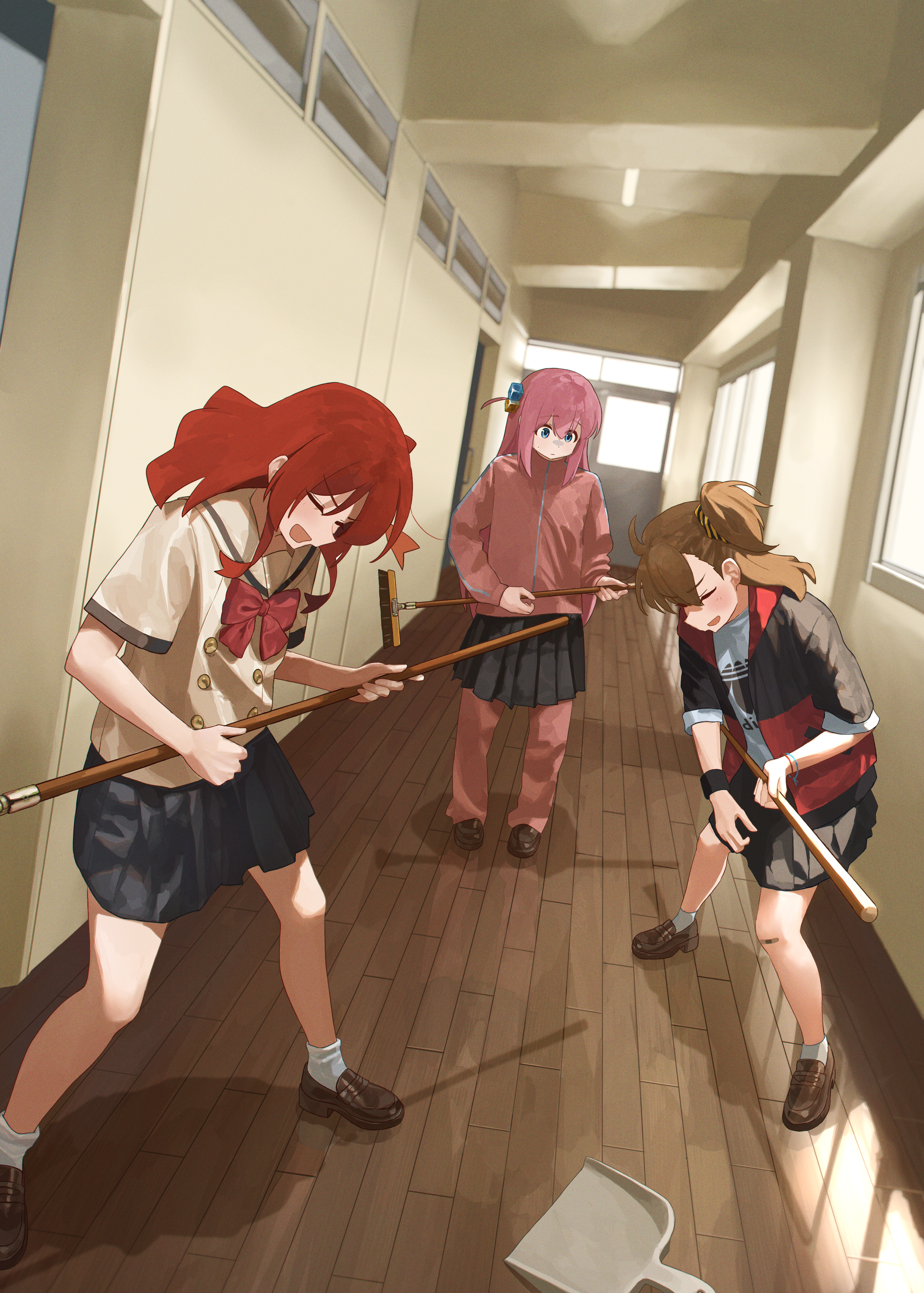 shirasuke 0822, gotoh hitori, kita ikuyo, adidas, bocchi the rock!, absurdres, commentary request, highres, 3girls, ahoge, black jacket, black skirt, blush, bow, bowtie, brand name imitation, broom, broom guitar, brown hair, brown shoes, buttons, ceiling light, closed eyes, cube hair ornament, day, double-breasted, dustpan, dutch angle, fluorescent lamp, hair ornament, hallway, hood, hooded jacket, indoors, jacket, loafers, long hair, multicolored jacket, multiple girls, ooyama nene, pants, pants under skirt, perspective, pink hair, pink track suit, pleated skirt, red bow, red bowtie, red hair, red jacket, reflective floor, school uniform, shadow, shirt, shoes, shuka high school uniform, side ponytail, skirt, socks, sunlight, track suit, twintails, twitter username, two-tone jacket, unconventional guitar, white shirt, white socks, window, wooden floor