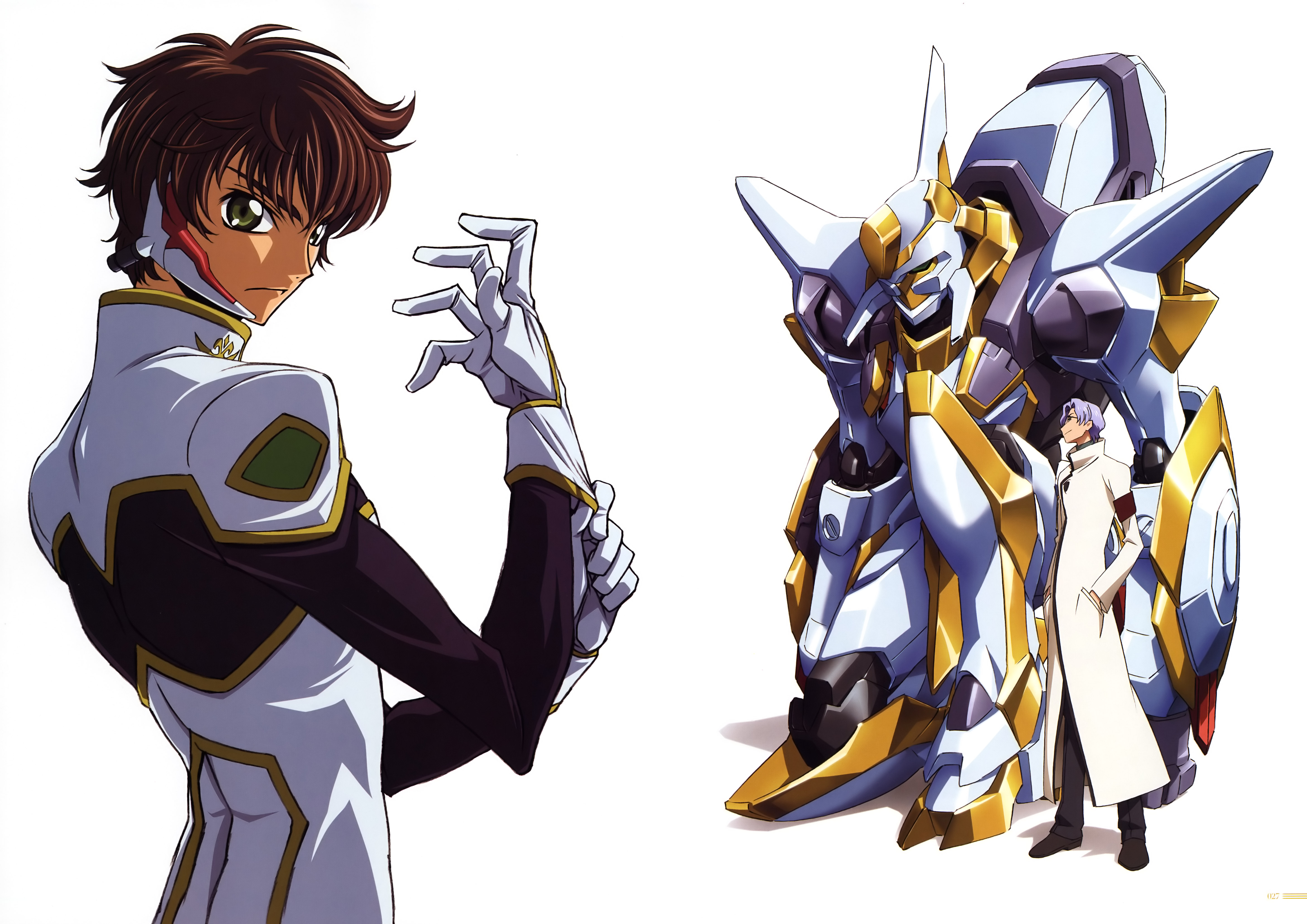 kimura takahiro, nakata eiji, kururugi suzaku, lloyd asplund, code geass, absurdres, highres, 00s, 2boys, male focus, mecha, multiple boys, robot, upper body, white background