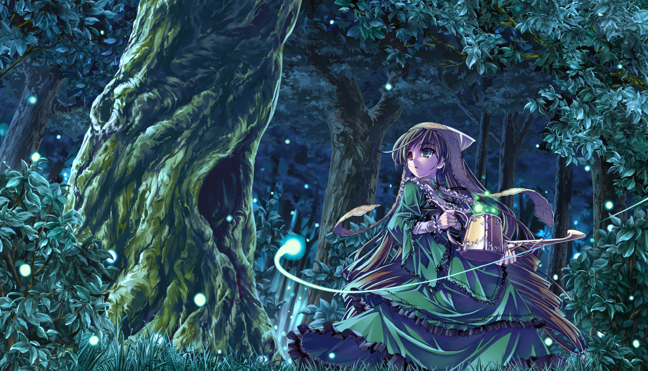 sasa ichi, suiseiseki, rozen maiden, md5 mismatch, resolution mismatch, source larger, 00s, 1girl, brown hair, bug, female focus, fireflies, firefly, forest, headscarf, heterochromia, insect, long hair, nature, scenery, solo, watering can, white headscarf