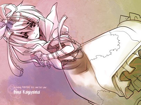 kagiyama hina, touhou, lowres, 1girl, character name, female focus, front ponytail, long hair, monochrome, pink theme, ribbon, smile, solo, yellow theme