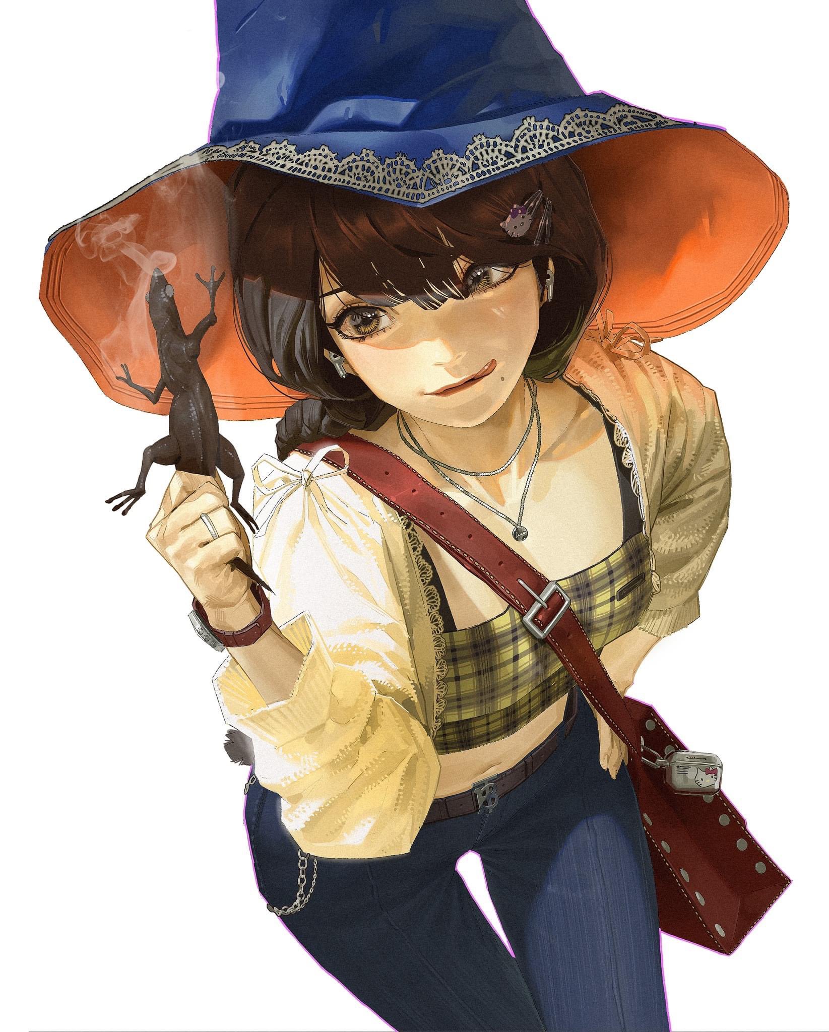 heo sung-moo, original, commentary, english commentary, highres, 1girl, bag, belt, blue hat, blue pants, braid, brown eyes, brown hair, cat hair ornament, collarbone, crop top, denim, flat chest, frilled shirt, frills, hair ornament, hairclip, hat, jeans, jewelry, lizard, long hair, midriff, mole, mole under eye, navel, necklace, pants, shirt, shoulder bag, simple background, solo, tongue, tongue out, watch, white background, witch hat, wristwatch