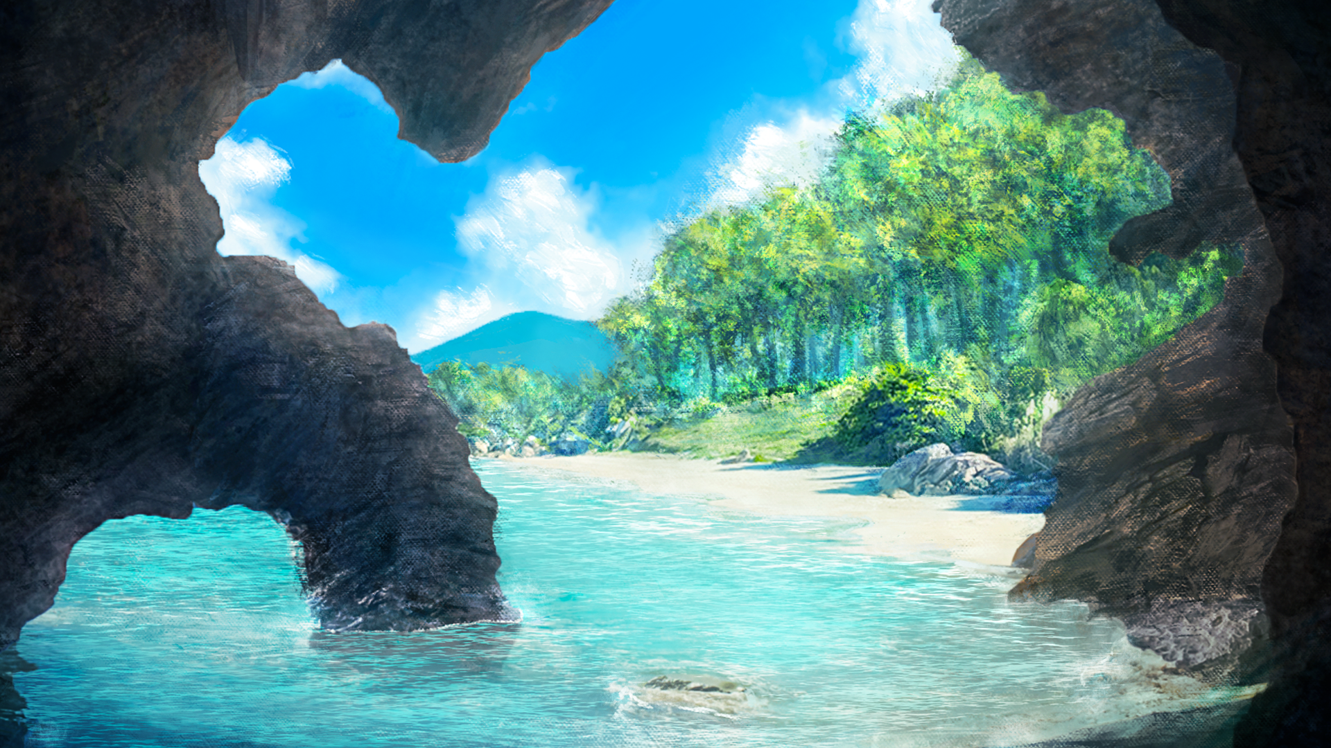 zaq (pgvc4472), original, commentary, highres, beach, blue sky, cave, cloud, day, forest, nature, no humans, ocean, outdoors, sand, scenery, sky