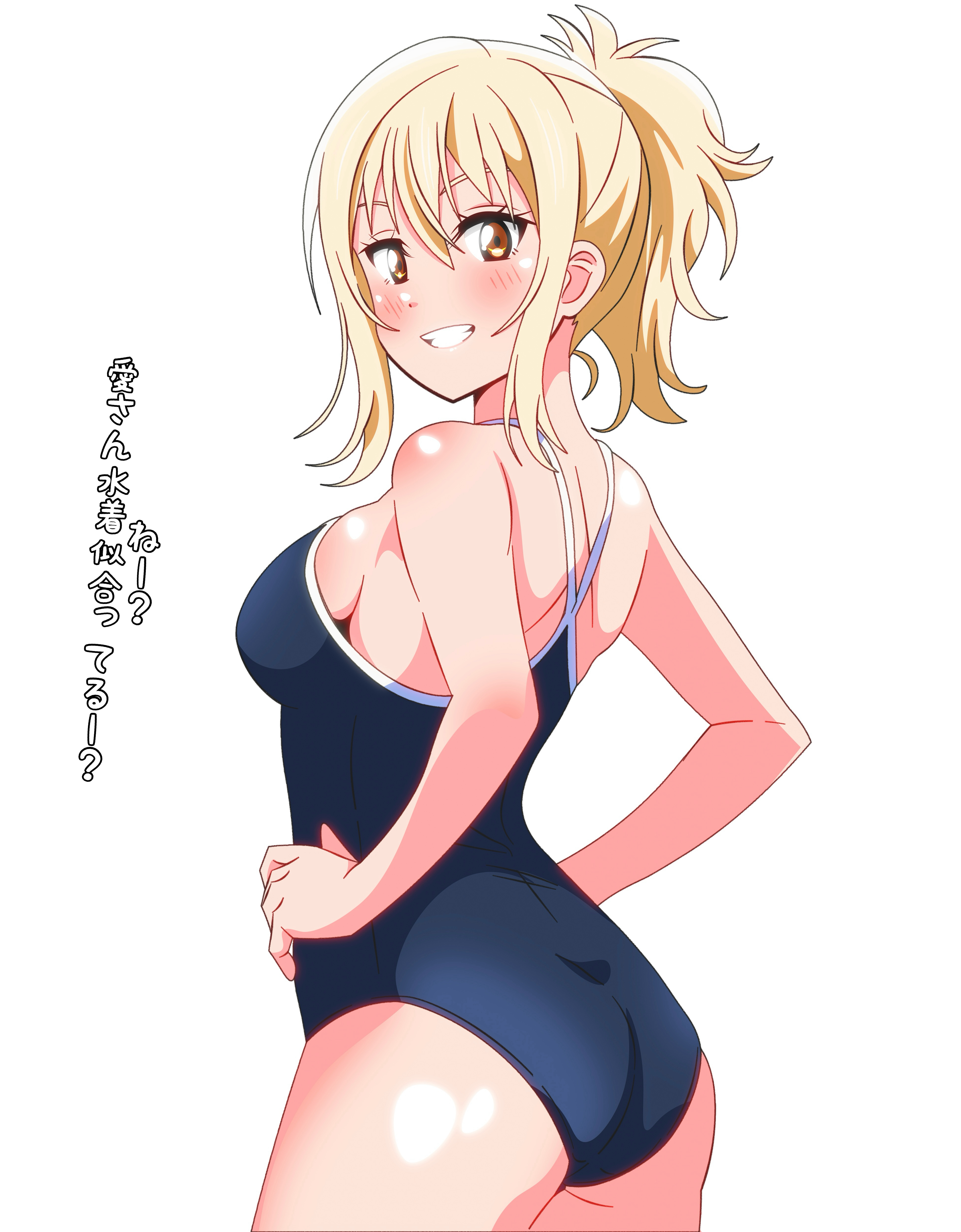shinonome sakura, miyashita ai, love live!, love live! nijigasaki high school idol club, absurdres, commentary, highres, translated, 1girl, ass, blonde hair, blue one-piece swimsuit, breasts, competition school swimsuit, from behind, gyaru, hands on own hips, looking at viewer, looking back, medium breasts, medium hair, one-piece swimsuit, orange eyes, parted lips, ponytail, school swimsuit, simple background, smile, solo, swimsuit, white background