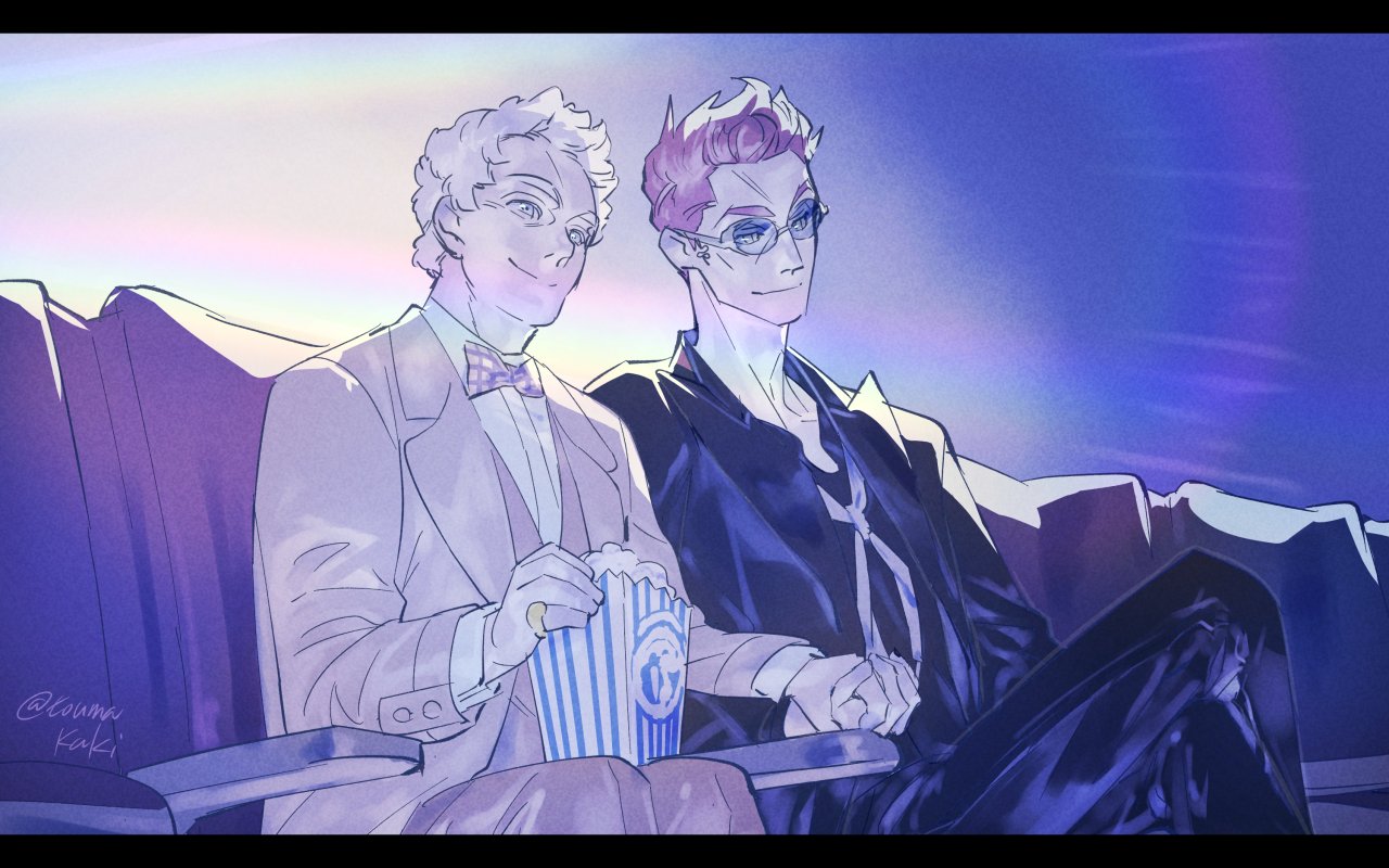 dasshu (dashi now), aziraphale (good omens), crowley (good omens), good omens, 2boys, black jacket, bow, bowtie, brown jacket, crossed legs, food, holding hands, jacket, letterboxed, male focus, movie theater, multiple boys, pants, plaid bow, plaid bowtie, plaid clothes, popcorn, short hair, sitting, smile, sunglasses, yaoi