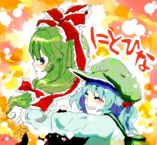 kagiyama hina, kawashiro nitori, touhou, 2girls, blue hair, female focus, front ponytail, green hair, hair bobbles, hair ornament, hat, multiple girls, oekaki, ribbon, two side up