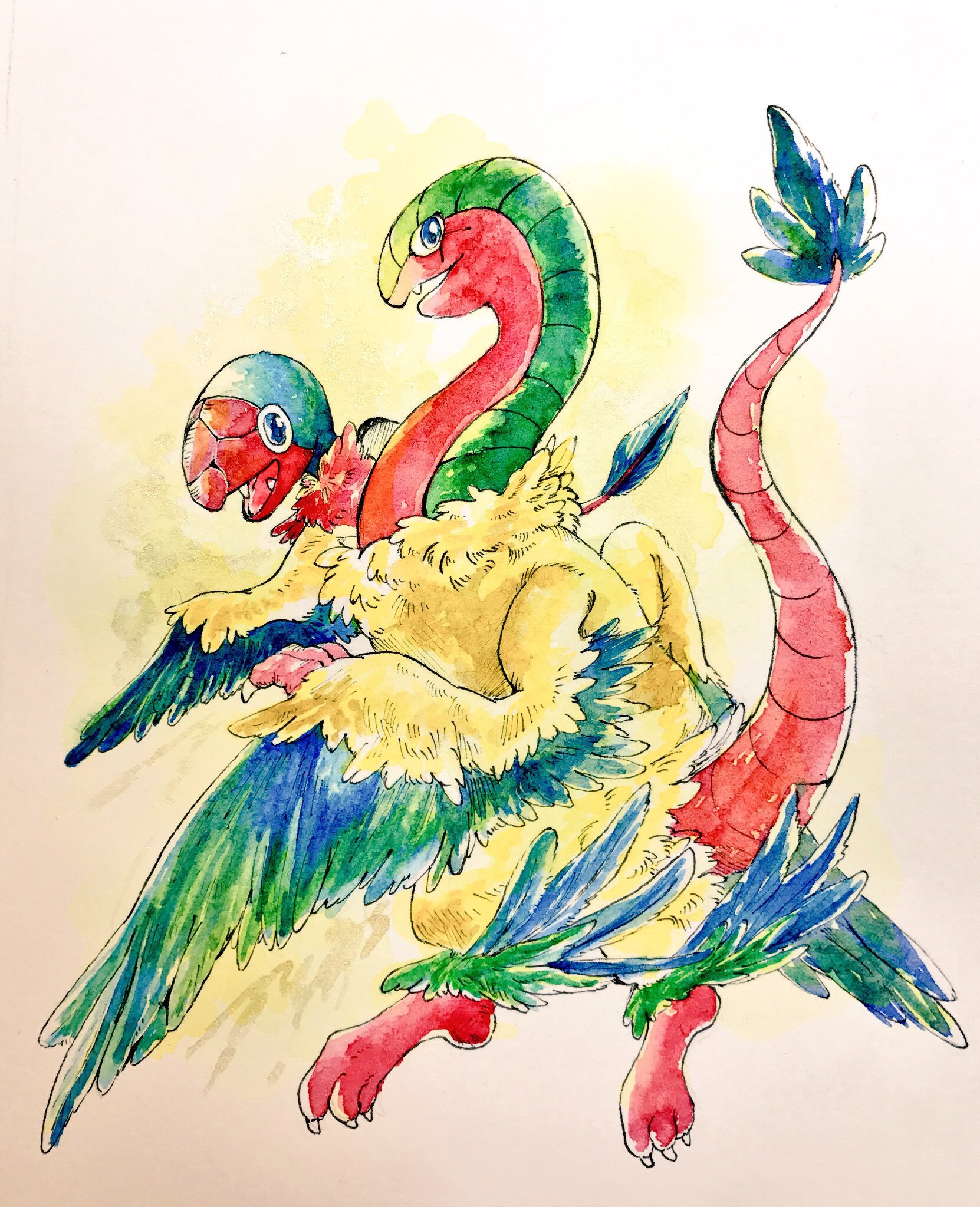 mint nappa, archen, archeops, nintendo, pokemon, highres, painting (medium), traditional media, watercolor (medium), animal focus, blue eyes, claws, evolutionary line, full body, gen 5 pokemon, looking at viewer, no humans, open mouth, pokemon (creature), simple background
