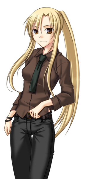 yanagi (tsukiakari), original, 1girl, belt, blonde hair, brown eyes, female focus, long hair, looking at viewer, necktie, ponytail, simple background, solo, square-end necktie, white background
