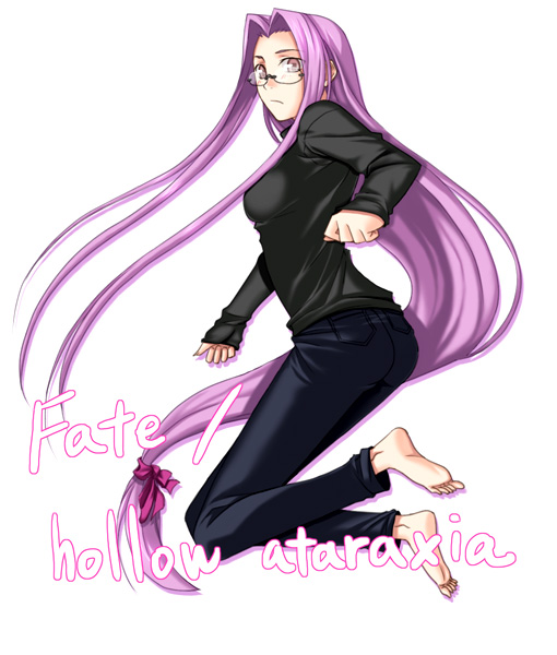 yanagi (tsukiakari), medusa (fate), medusa (rider) (fate), fate/hollow ataraxia, fate/stay night, fate (series), 00s, 1girl, barefoot, bow, denim, feet, female focus, full body, glasses, hair bow, jeans, jumping, long hair, low-tied long hair, matching hair/eyes, official alternate costume, pants, purple eyes, purple hair, ribbon, simple background, solo, square pupils, toes, very long hair, white background