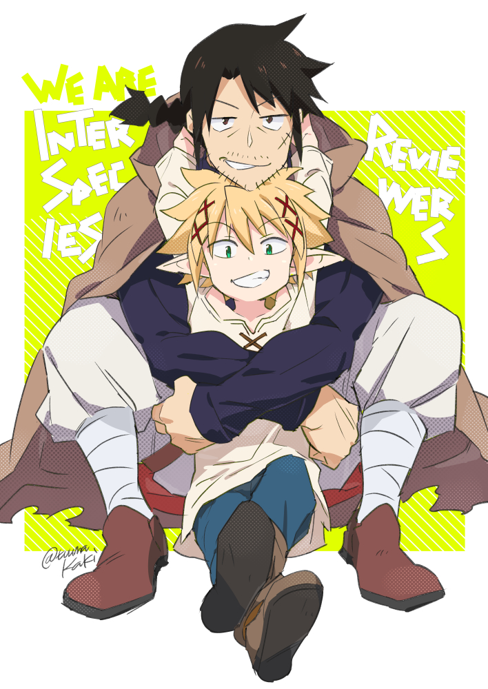 dasshu (dashi now), stunk, zel (ishuzoku reviewers), ishuzoku reviewers, commentary request, 2boys, black hair, blonde hair, braid, brown shoes, facial hair, green eyes, grin, hug, hug from behind, looking at viewer, male focus, multiple boys, mustache stubble, pointy ears, scar, scar on face, shoes, short hair, sitting, smile, sparse stubble, stubble