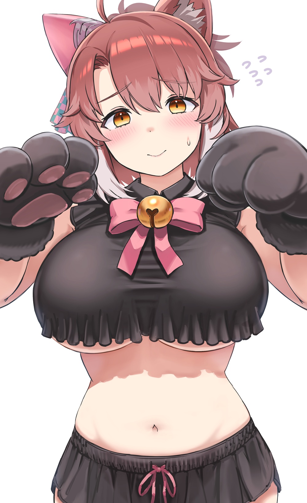 enumiyaa, dantsu flame (umamusume), umamusume, commentary request, highres, 1girl, alternate costume, animal ears, animal hands, bell, black gloves, breasts, closed mouth, gloves, horse ears, horse girl, jingle bell, large breasts, looking at viewer, midriff, multicolored hair, navel, paw gloves, smile, solo, two-tone hair, underboob, white hair, yellow eyes