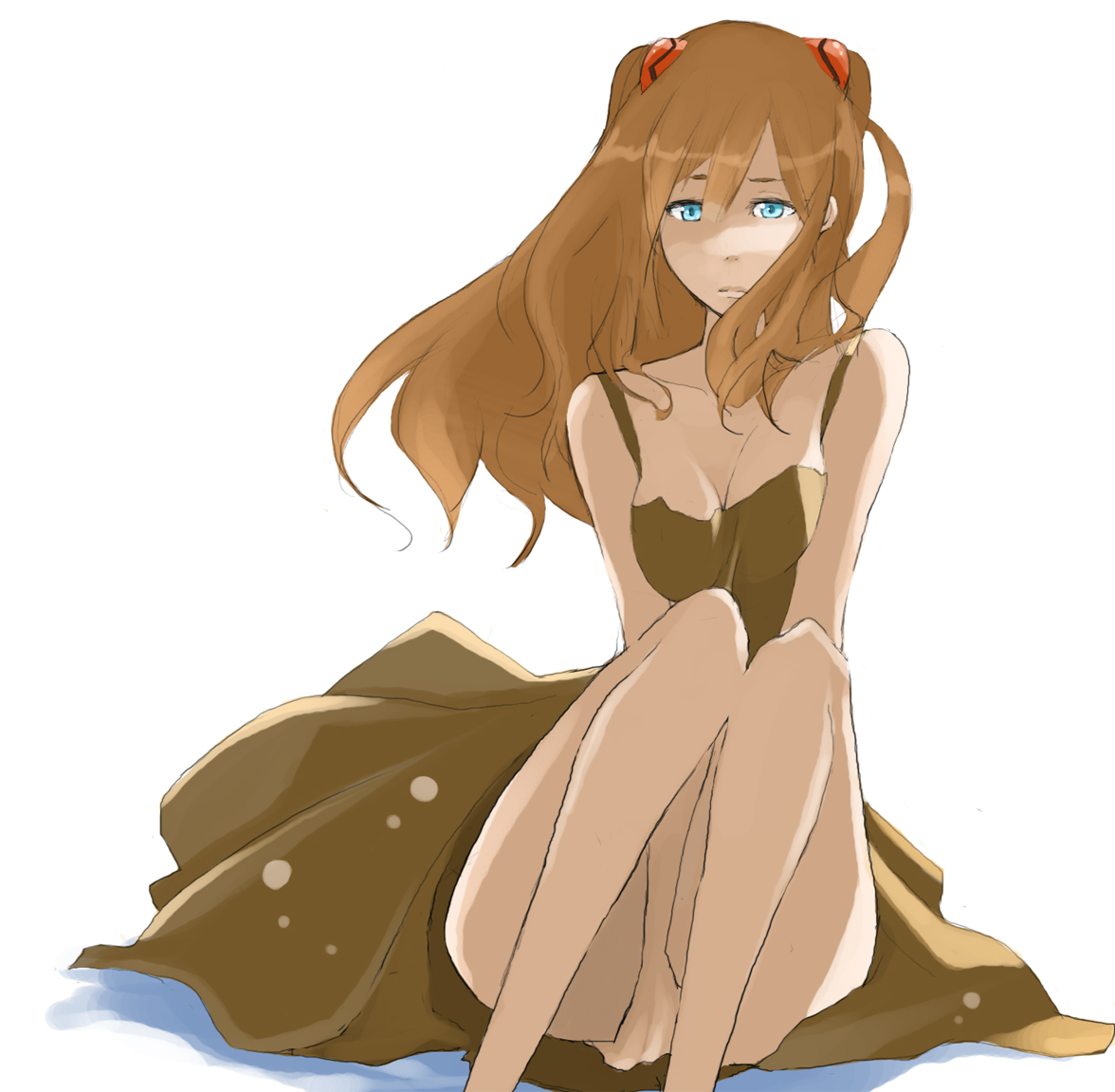 tansuke, souryuu asuka langley, neon genesis evangelion, blue eyes, dress, long hair, sitting, solo