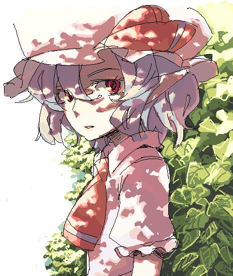 itsutsu, remilia scarlet, touhou, light purple hair, 1girl, ascot, female focus, hat, leaf, oekaki, red eyes, ribbon, short hair, solo