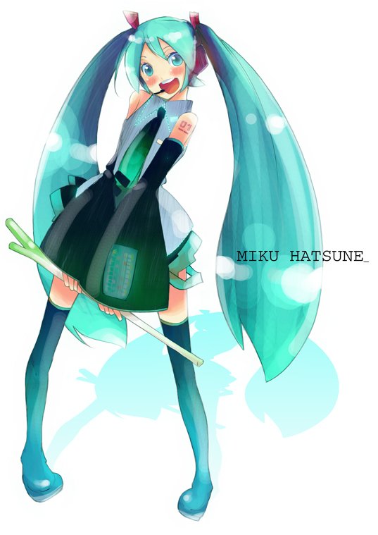 madam s, hatsune miku, vocaloid, bad id, bad pixiv id, blue eyes, blue hair, green eyes, green hair, long hair, necktie, solo, spring onion, thighhighs, twintails, very long hair