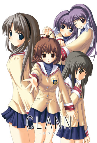 fujibayashi kyou, fujibayashi ryou, furukawa nagisa, ibuki fuuko, sakagami tomoyo, clannad, lowres, 00s, 5girls, cover, multiple girls, one eye closed, school uniform, serafuku, siblings, sisters, twins, video game cover, wink