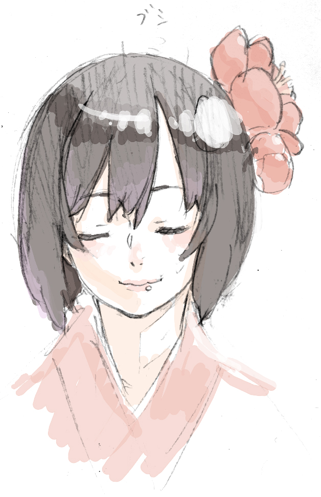 enkyo yuuichirou, bushidou (sekaiju), bushidou 4 (sekaiju), atlus, etrian odyssey, 1girl, black hair, bob cut, close-up, closed eyes, female focus, flower, food, food on face, hair flower, hair ornament, japanese clothes, kimono, lips, parted bangs, rice, rice on face, short hair, sketch, smile, solo