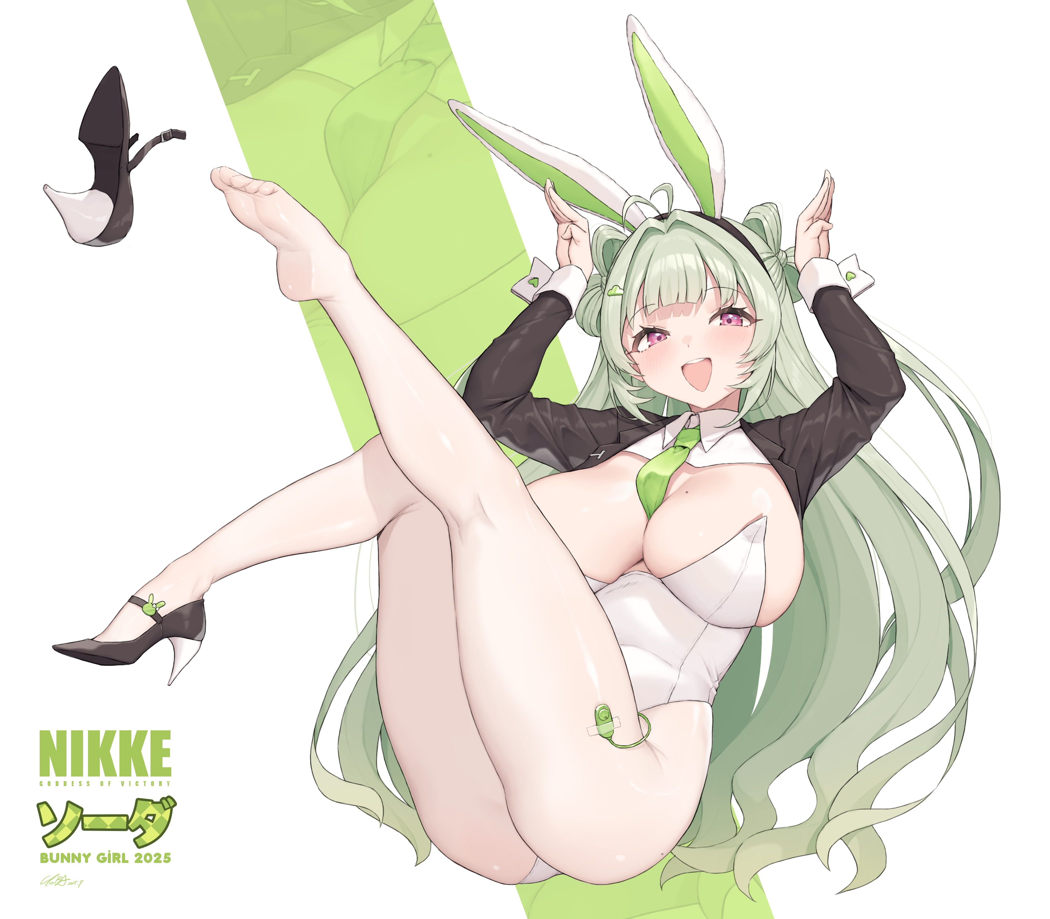cloba, soda (nikke), soda (twinkling bunny) (nikke), goddess of victory: nikke, absurdres, commentary, highres, symbol-only commentary, 1girl, :d, animal ears, bare legs, barefoot, black shoes, breasts, cleavage, copyright name, fake animal ears, green eyes, green hair, hands up, huge breasts, large breasts, leotard, long hair, long sleeves, looking at viewer, open mouth, playboy bunny, purple eyes, rabbit ears, shoes, smile, solo, white background, white leotard