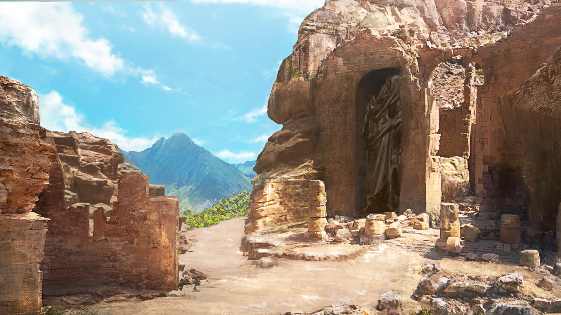 zaq (pgvc4472), original, commentary, highres, arch, blue sky, cloud, day, hill, no humans, outdoors, ruins, scenery, sky