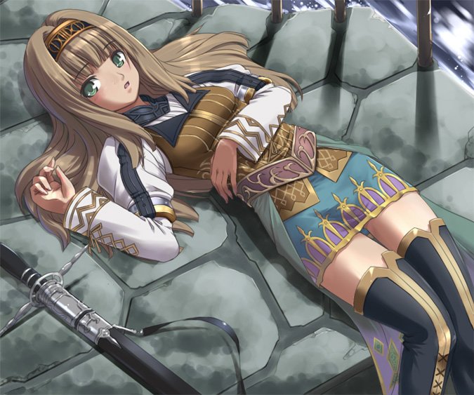 akinaie, yoshio (55level), alicia, alicia (valkyrie profile 2), valkyrie profile (series), valkyrie profile 2: silmeria, bad id, bad pixiv id, 1girl, blonde hair, boots, brown hair, female focus, green eyes, hairband, long hair, lying, overskirt, pencil skirt, puffy sleeves, sheath, sheathed, skirt, solo, standing, sword, thigh boots, thighhighs, weapon, you gonna get raped, zettai ryouiki