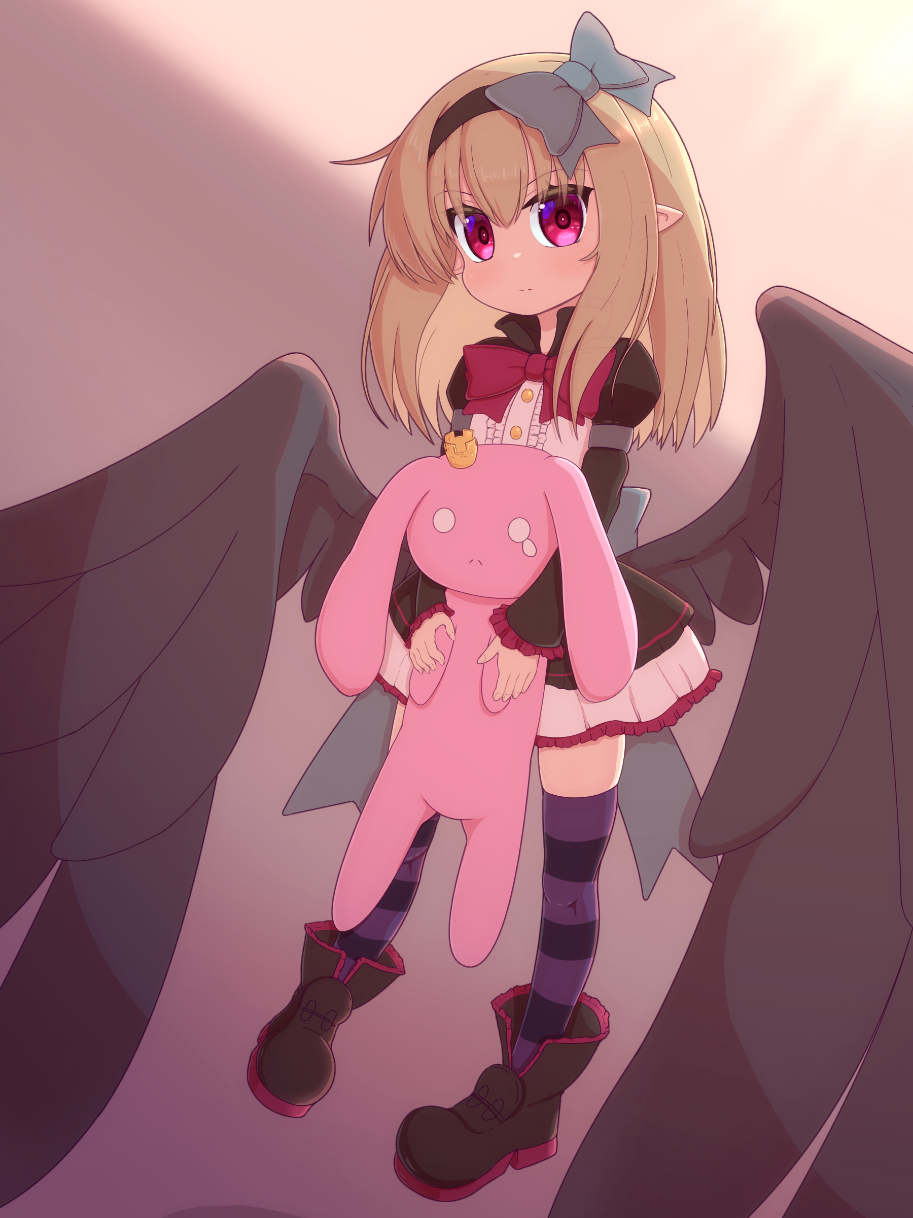 rna0, dark feather alma, emil chronicle online, absurdres, highres, 1girl, black boots, black dress, black hairband, black ribbon, black wings, blonde hair, boots, breasts, dress, frilled dress, frills, hair ribbon, hairband, holding, holding stuffed toy, looking at viewer, pointy ears, purple thighhighs, red eyes, ribbon, small breasts, solo, standing, striped clothes, striped thighhighs, stuffed animal, stuffed rabbit, stuffed toy, thighhighs, white dress, wings