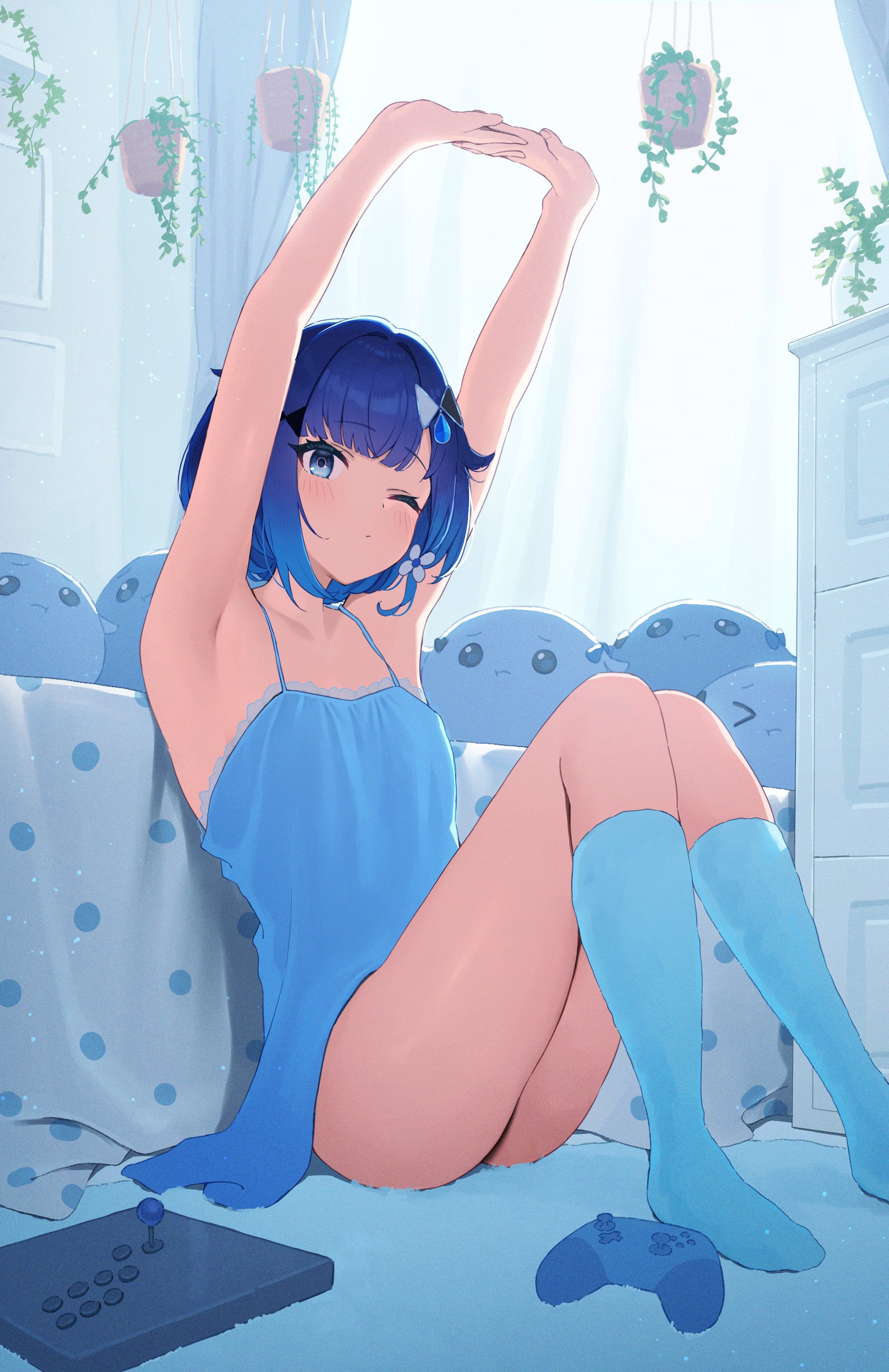 wanimaru, tsumugi kokage, vspo!, absurdres, commentary request, highres, 1girl, aqua socks, armpits, arms up, ass, bedroom, blue chemise, blue eyes, blue hair, bob cut, carpet, chemise, closed mouth, controller, expressionless, flower, game controller, hair flower, hair ornament, hanging plant, indoors, knees up, looking at viewer, no shoes, on floor, one eye closed, plant, potted plant, sitting, sleeveless, socks, solo, stretching, stuffed toy, virtual youtuber, white flower