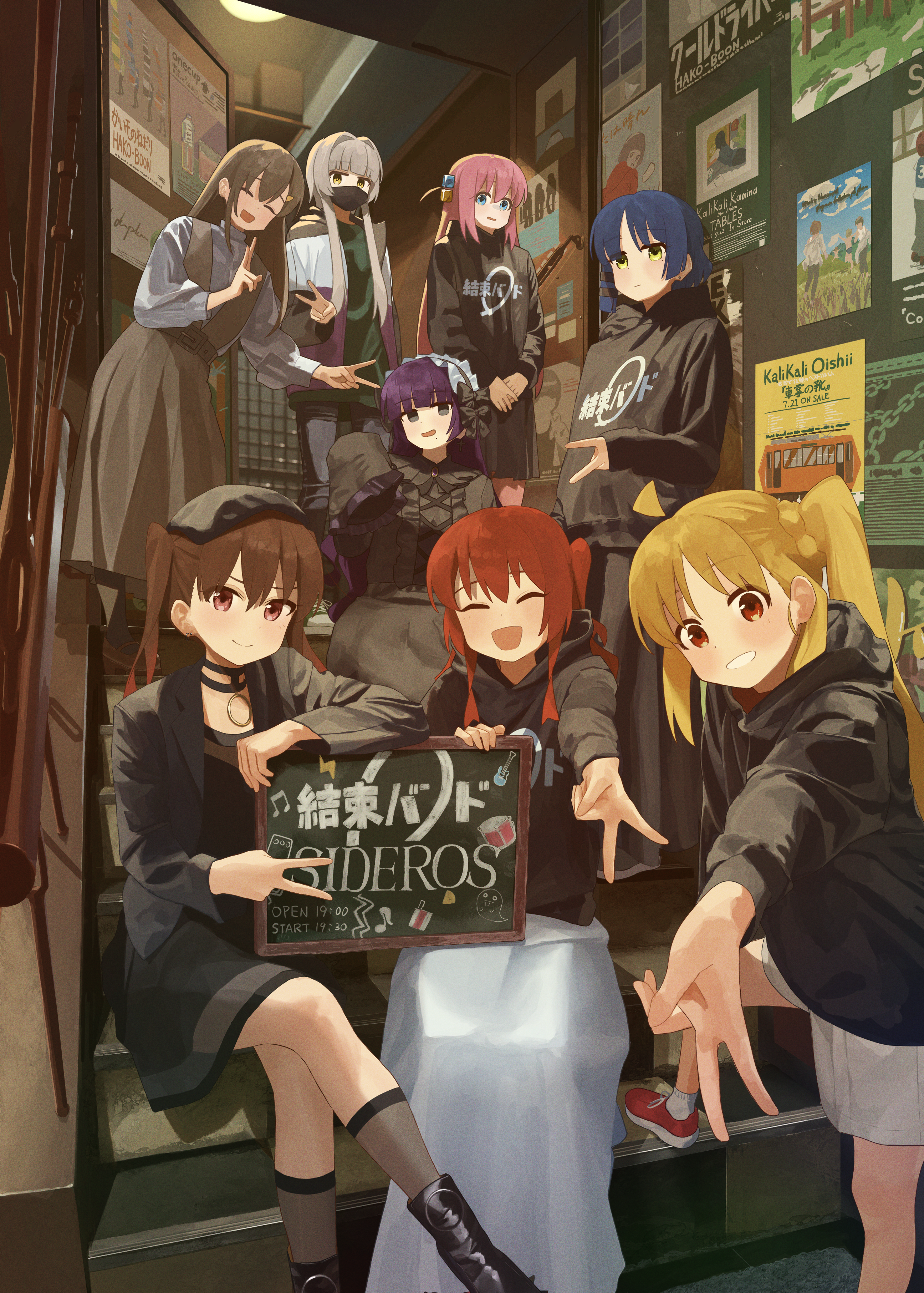 shirasuke 0822, gotoh hitori, hasegawa akubi, ijichi nijika, kita ikuyo, ootsuki yoyoko, yamada ryo, bocchi the rock!, absurdres, commentary request, highres, 6+girls, ahoge, artist name, asymmetrical bangs, asymmetrical hair, beret, black boots, black choker, black dress, black eyes, black hat, black mask, black shirt, black skirt, blonde hair, blue eyes, blue hair, blunt bangs, boots, brown dress, brown hair, chalkboard sign, choker, closed eyes, crossed legs, cube hair ornament, detached ahoge, dress, english text, frilled dress, frills, gothic lolita, green shirt, grey hair, hair between eyes, hair ornament, hat, holding board, honjou fuuko, in-franchise crossover, jacket, kessoku band, kessoku band hoodie (bocchi the rock!), kessoku band logo, kneehighs, lolita fashion, long hair, long sidelocks, long skirt, long sleeves, looking at viewer, mask, mole, mole under eye, mole under mouth, mouth mask, multicolored jacket, multiple girls, no pupils, one side up, open mouth, orange eyes, pinafore dress, pink hair, poster (object), purple hair, red eyes, red hair, red shoes, shirt, shoes, shorts, side ponytail, sidelocks, sideros (band), sitting, sitting on stairs, skirt, sleeveless, sleeveless dress, smile, socks, stairs, standing, twintails, uchida yuyu, v, white headdress, white shorts, white skirt, white socks, yellow eyes