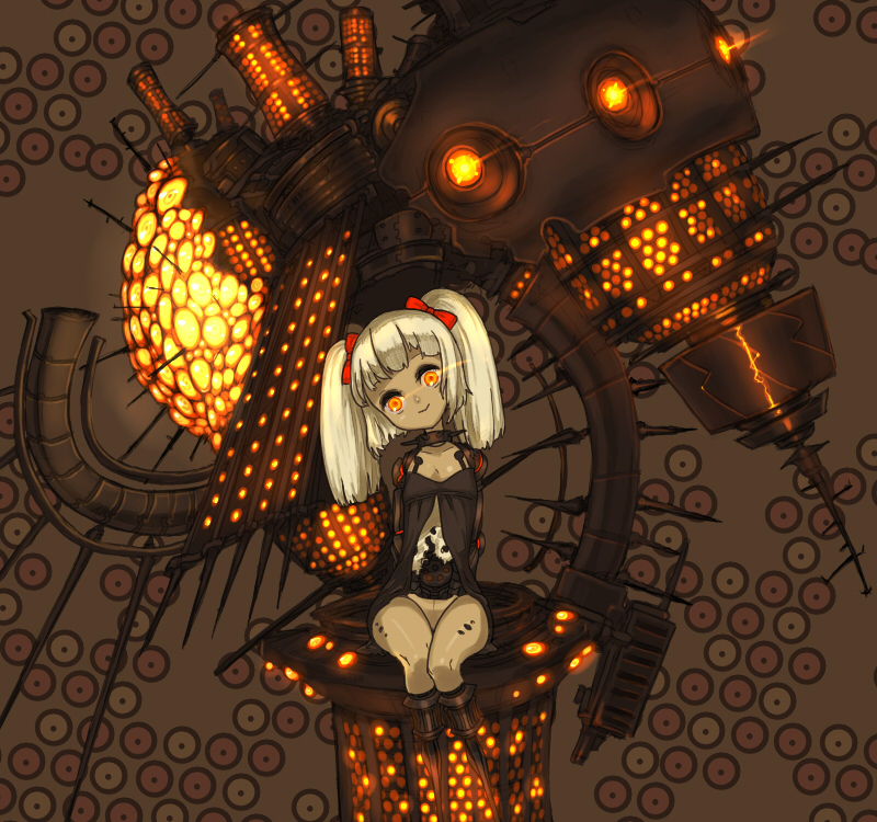asgr, original, bad id, bad pixiv id, 1girl, android, bottomless, doll, female focus, glowing, glowing eyes, no panties, robot, science fiction, solo, twintails