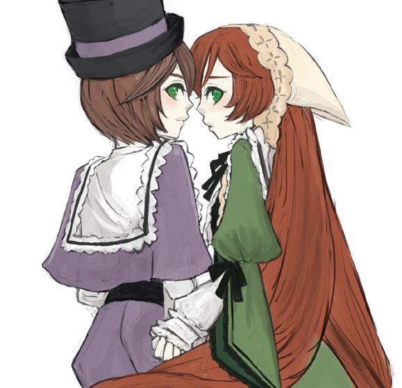 mksm, souseiseki, suiseiseki, rozen maiden, bad id, bad pixiv id, 00s, 2girls, brown hair, green eyes, hat, headscarf, long hair, multiple girls, short hair, siblings, sisters, twins, white headscarf