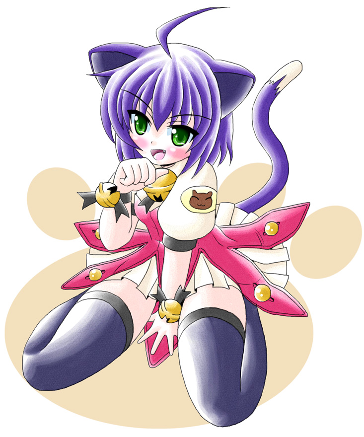 imai kazunari, midarezaki kyouka, kyouran kazoku nikki, 00s, animal ears, bell, cat ears, cat tail, dress, kneeling, purple hair, tail, thighhighs, two-tone dress, zettai ryouiki
