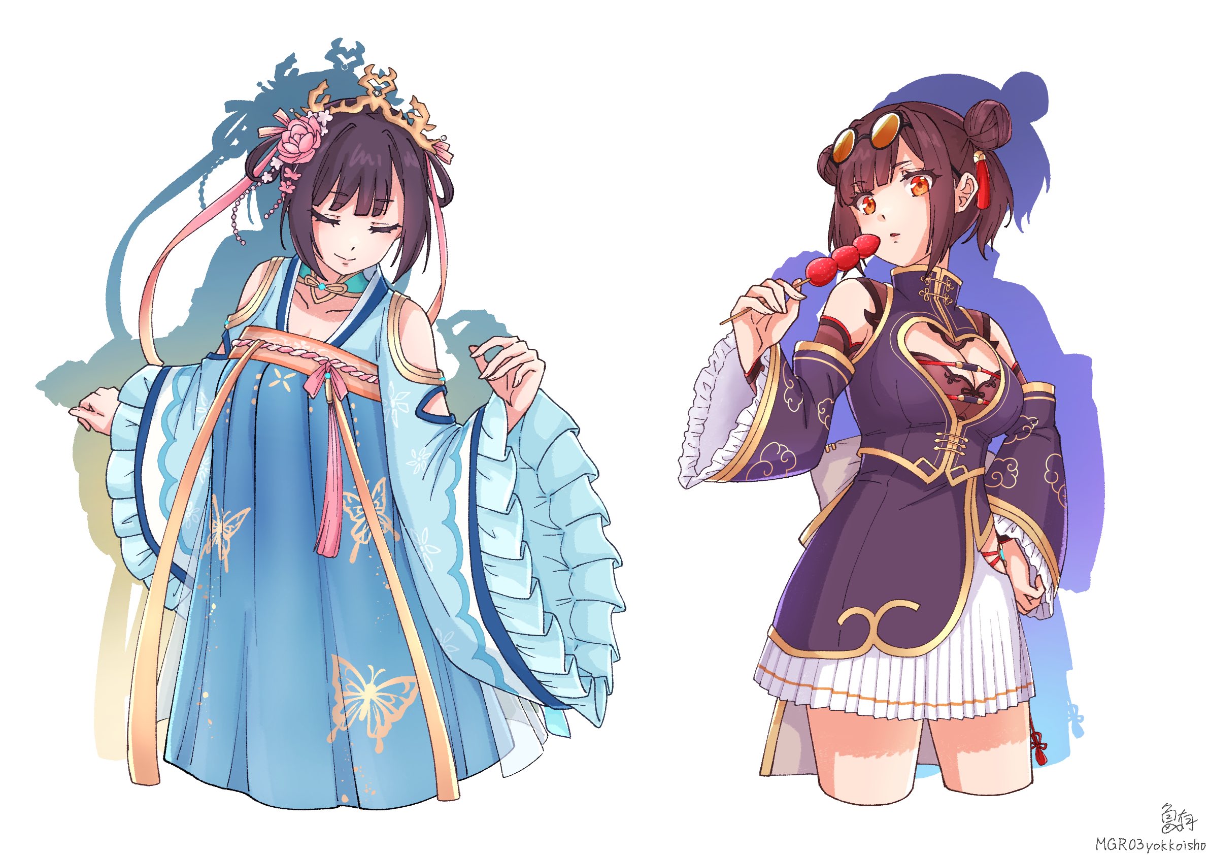 li yingxia, heaven burns red, highres, 2girls, black hair, breasts, chinese clothes, cleavage, collarbone, detached sleeves, double bun, dress, hair bun, hanfu, large breasts, medium breasts, mgr03, multiple girls, orange eyes, pleated skirt, ribbon, skirt, tanghulu, wide sleeves