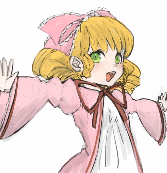 mksm, hinaichigo, rozen maiden, bad id, bad pixiv id, 00s, 1girl, blonde hair, bow, female focus, green eyes, hair ribbon, pink bow, ribbon, solo