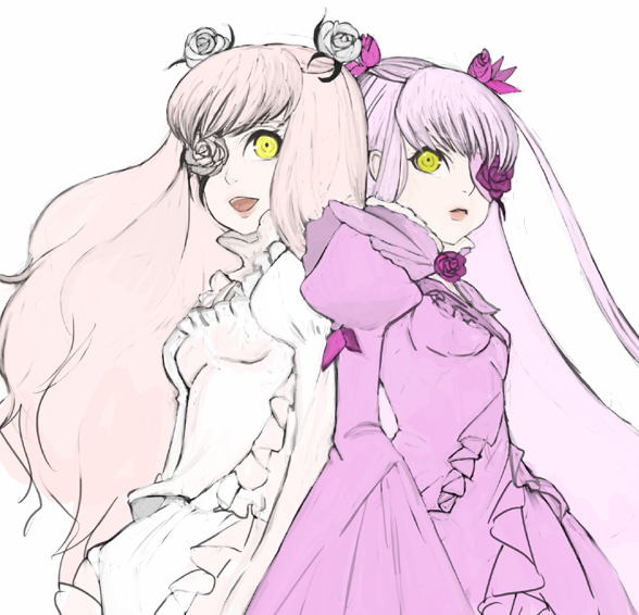 mksm, barasuishou, kirakishou, rozen maiden, bad id, bad pixiv id, 00s, 2girls, back-to-back, eyepatch, flower eyepatch, long hair, multiple girls, yellow eyes