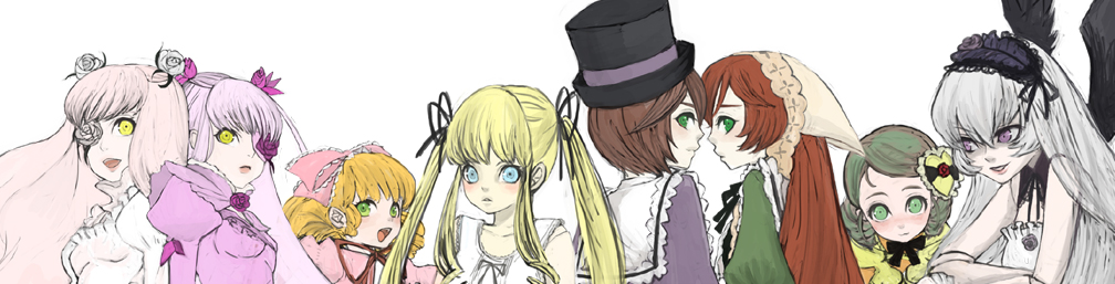 mksm, barasuishou, hinaichigo, kanaria, kirakishou, shinku, souseiseki, suigintou, suiseiseki, rozen maiden, silver hair, bad id, bad pixiv id, 00s, 6+girls, :d, :o, black wings, blonde hair, blush, bow, brown hair, dress, everyone, flower, flower eyepatch, green dress, green eyes, hair flower, hair ornament, hair ribbon, hairband, hat, headscarf, lolita hairband, long hair, looking back, multiple girls, open mouth, pink bow, pink eyes, pink hair, ribbon, rose, siblings, simple background, sisters, smile, top hat, twins, twintails, two side up, upper body, white background, wings, yellow eyes