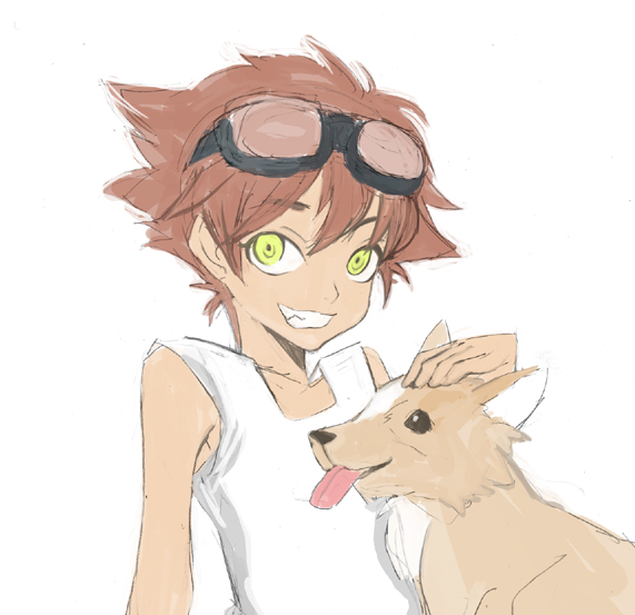 mksm, edward wong hau pepelu tivrusky iv, ein (cowboy bebop), cowboy bebop, bad id, bad pixiv id, 1990s (style), 1girl, dog, female focus, goggles, red hair, retro artstyle, short hair, smile, solo, welsh corgi, yellow eyes