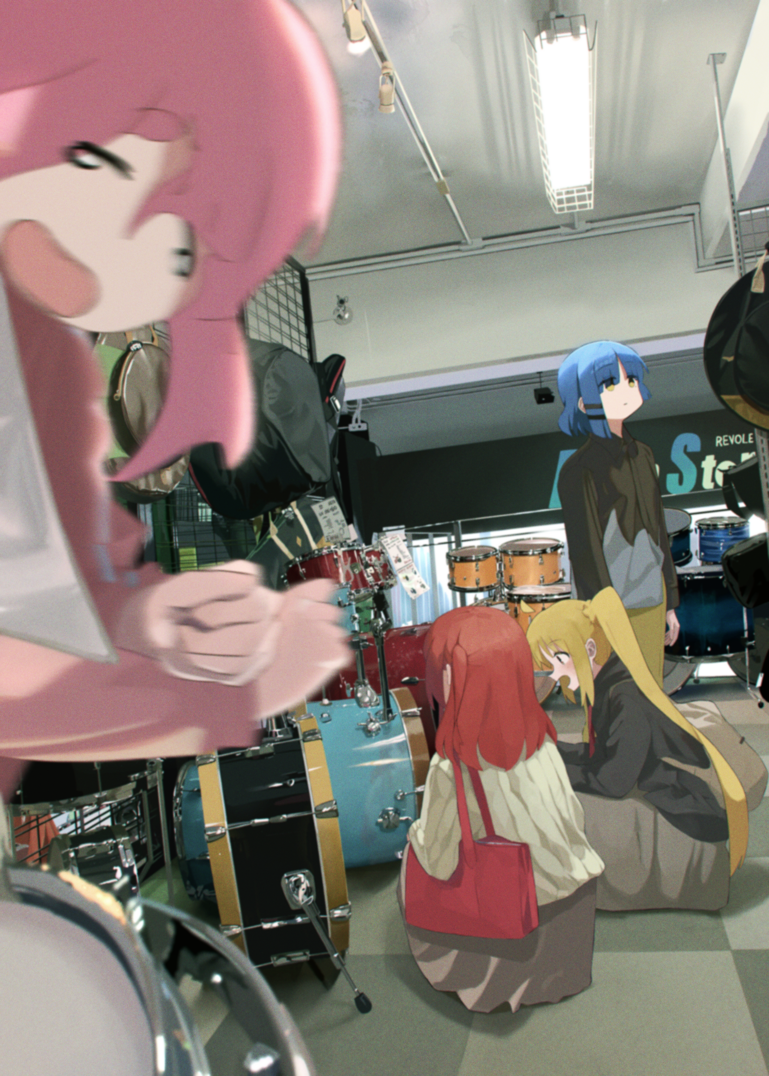 shirasuke 0822, gotoh hitori, ijichi nijika, kita ikuyo, yamada ryo, bocchi the rock!, absurdres, commentary request, highres, photo-referenced, 4girls, ahoge, bag, black hoodie, black jacket, blue hair, blush, brown eyes, brown skirt, closed mouth, detached ahoge, drum, drum set, film grain, fluorescent lamp, green eyes, hair ornament, hairclip, hood, hoodie, indoors, instrument, jacket, kessoku band, long hair, long sleeves, mole, mole under eye, multiple girls, one side up, open mouth, pink hair, pink jacket, ponytail, profile, red bag, red hair, short hair, shoulder bag, side ponytail, sidelocks, single sidelock, skirt, squatting, sweater, yellow sweater